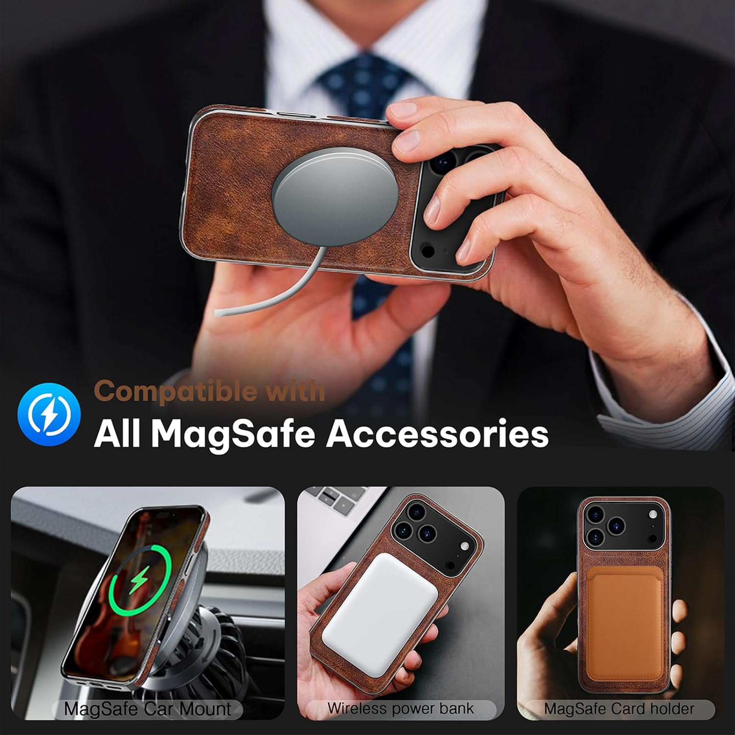 LOHASIC for iPhone 17 Pro Leather Case, Compatible with MagSafe, Vintage Elegant PU & Metal Bumper Trim, Protective Phone Cover Magnetic Case for iPhone17 Pro 6.3" 2025 - Retro Brown - Image 4