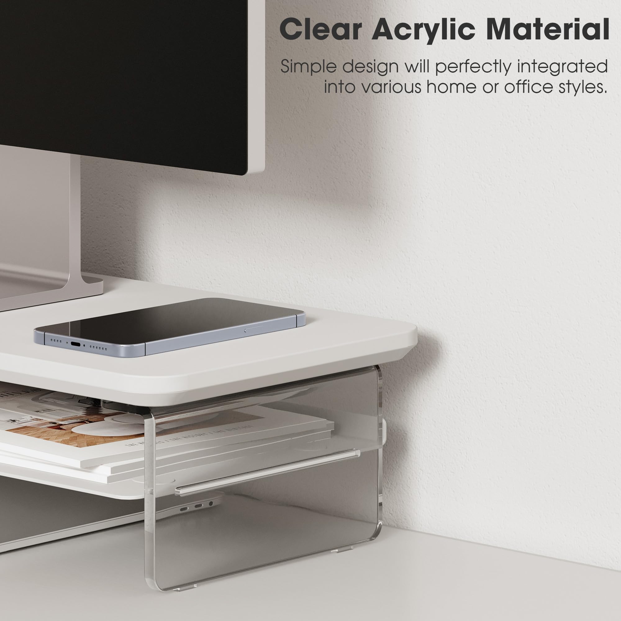 Fenge Supporto Monitor Scrivania in Acrilico, Rialzo Monitor con Ampio Spazio di Archiviazione, Monitor Stand per PC, Laptop, TV, Casa, Ufficio (Bianco, 60cm)