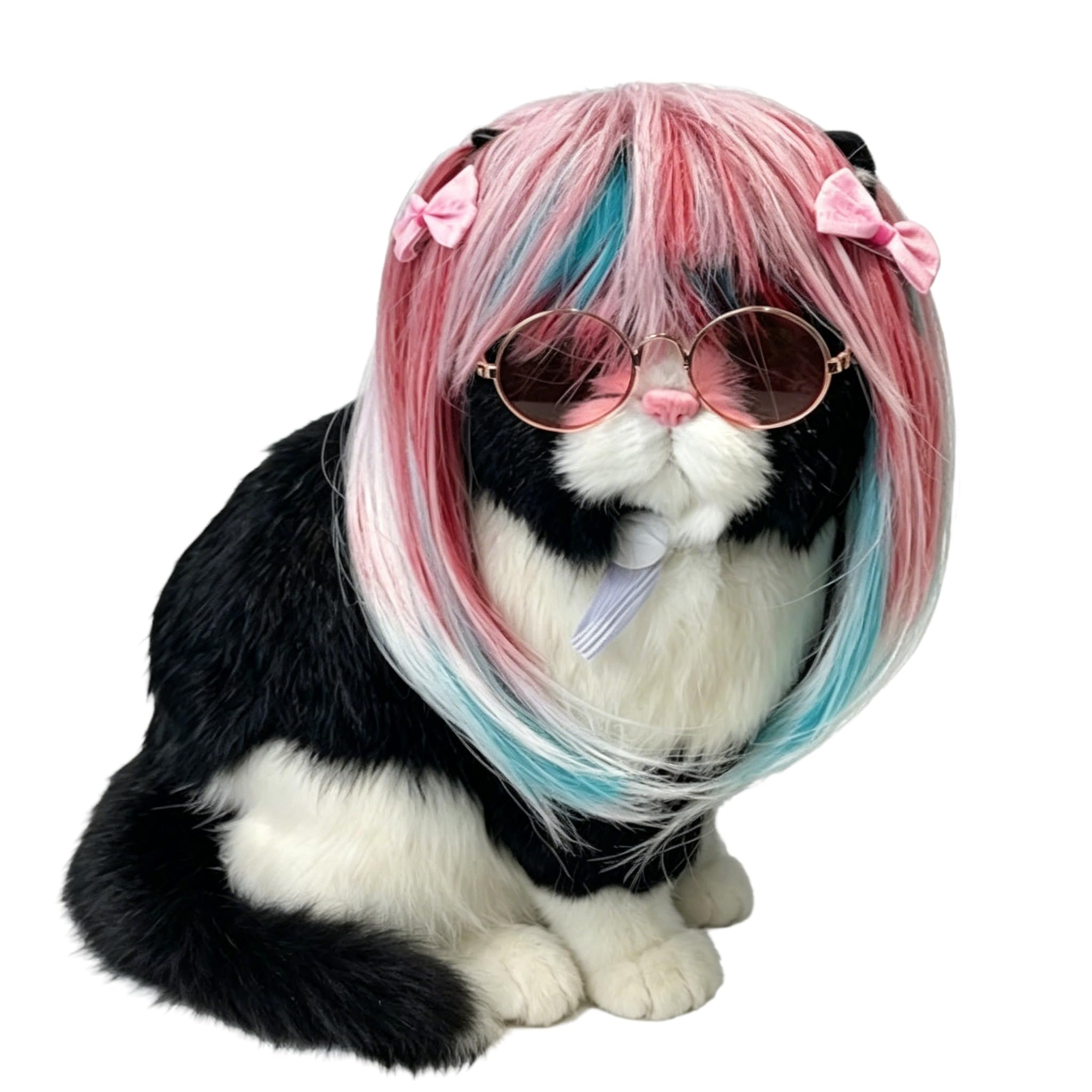Funny Cat Puppy Pink Bob Wig Necklace Set Halloween Christmas Festival Pet Birthday Party Headwear Headgear Costume Accessory Favors Small Dog Kitten Cat Fake Hair Necklace Sunglasses Eyewear Bow