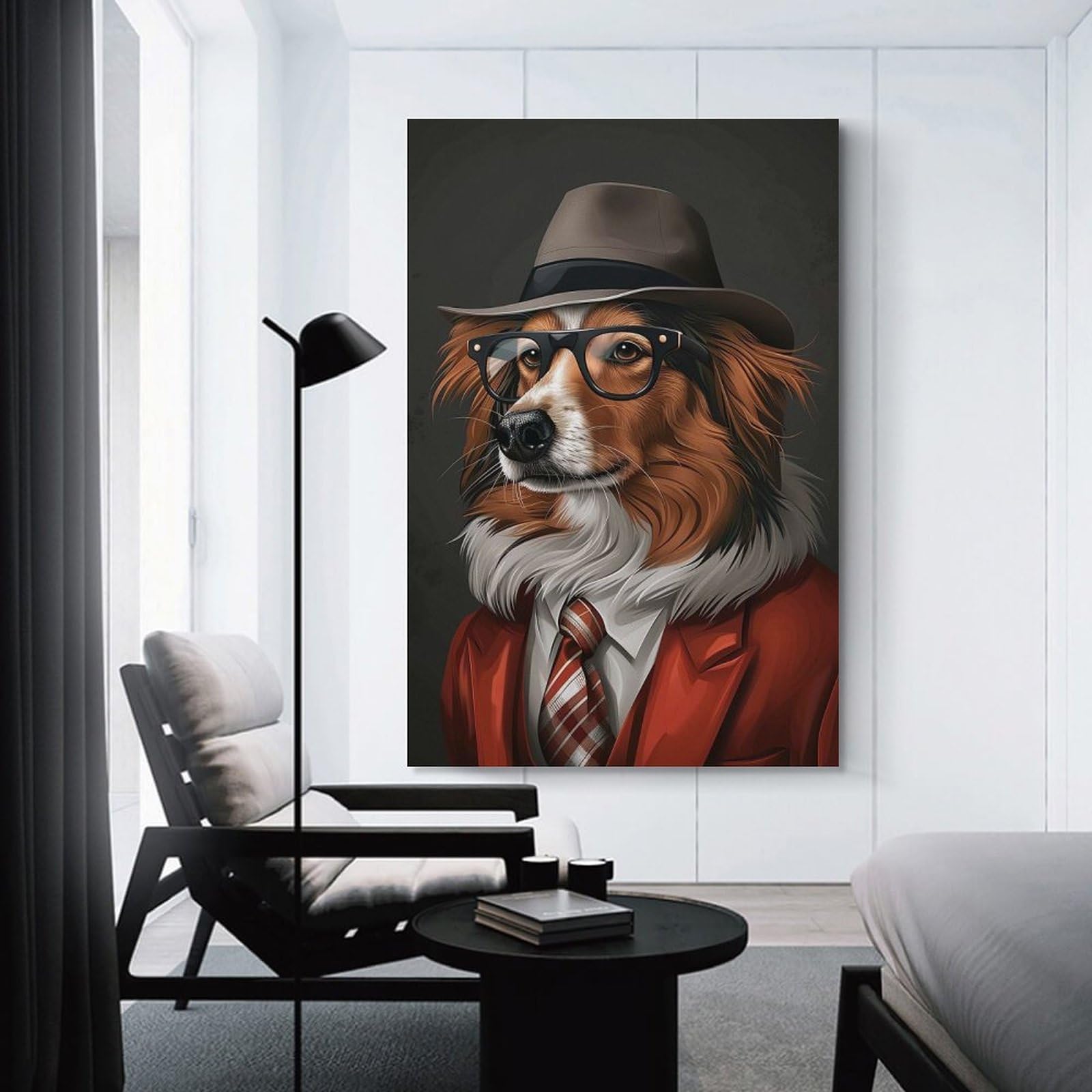 Junmoney Unframe-Style-6-1 Canvas Wall Decor Shetland Sheepdog In Suit And Hat, 16X24inch(40X60cm), For Lounge Decor, Bedroom Walls Or Flats, Eye Catching Artwork For Blank Walls