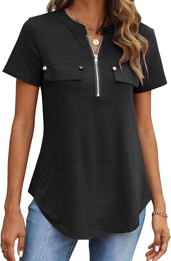 Halife Womens Tops Dressy Casual Short Sleeve V Neck Zip Flowy Summer Shirt