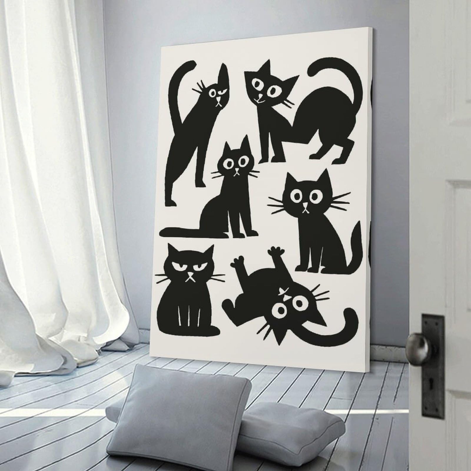 Junmoney Canvas Wall Art Black Cats Illustration, 12x18inch(30x45cm), for Corridors, Hallways Or Apartment Entries, Decorative Canvas Styling for Entry Areas