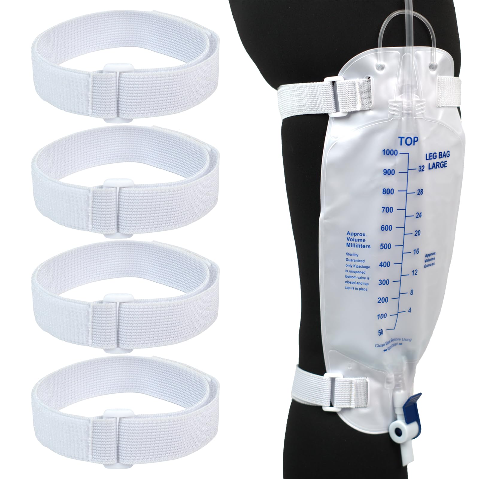 4 Packs Leg Bag Straps(White), Buckle-Type Hook and Loop Strap,Urine Drainage Bag Strap Catheter Leg Bag Straps with Soft Elastic Fabric Comfortable Silicone Grips for Men Women