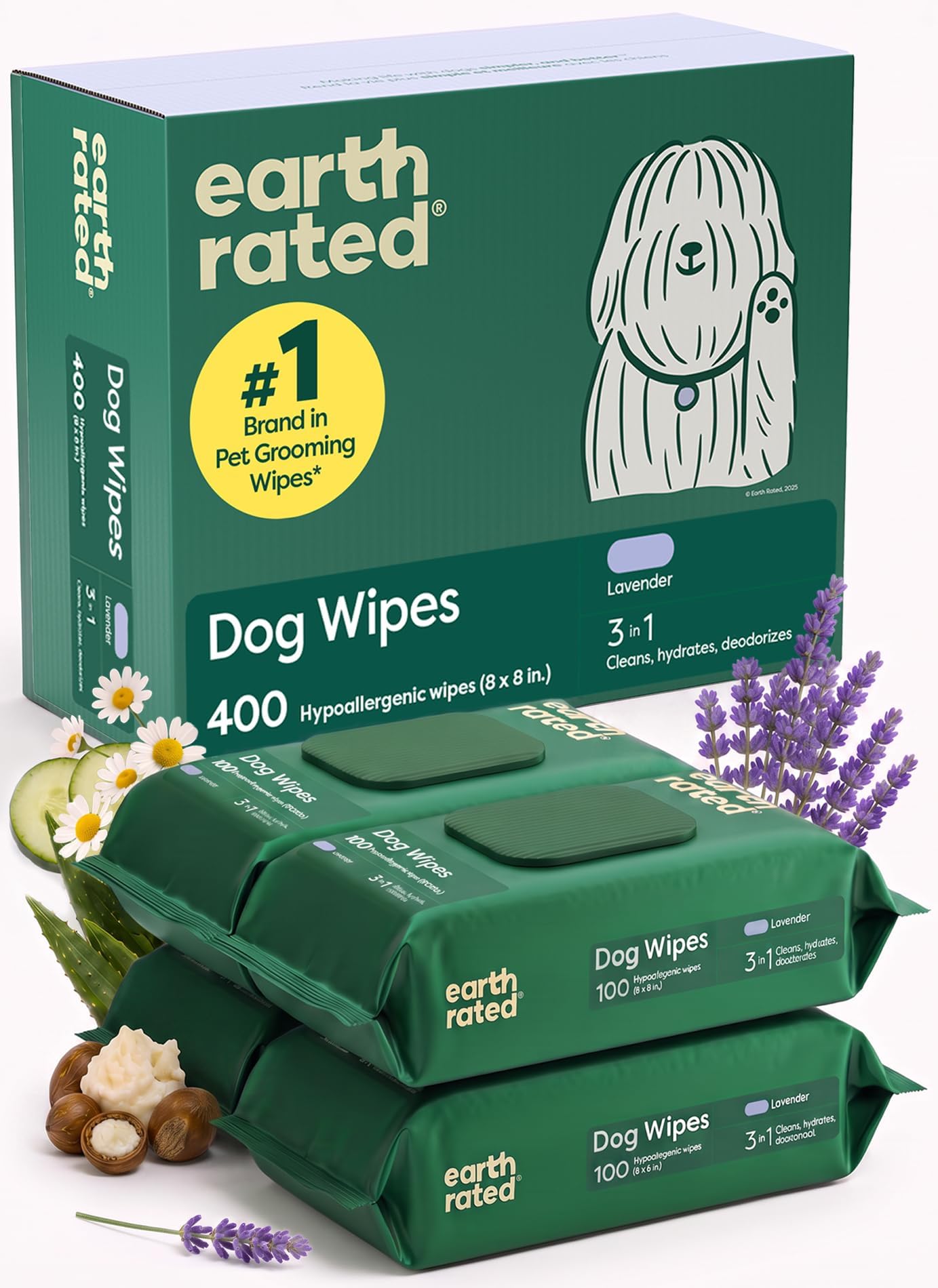 Earth Rated Dog Wipes for Paws & Butt, Deodorizing, Lavender, 400ct