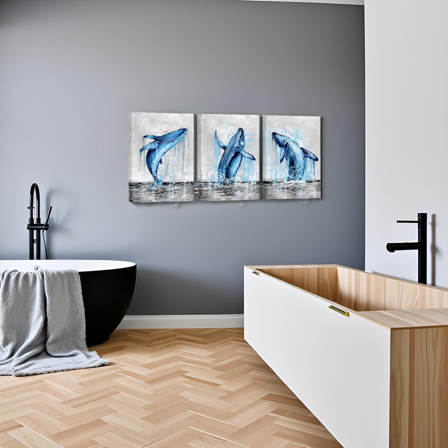 LevvArts Blue and Grey Canvas Wall Art Whale Paintings Pictures Modern Abstract Sea Animal Poster Artwork for Bathroom Bedroom Living Room Decor 12x16inchx3pcs