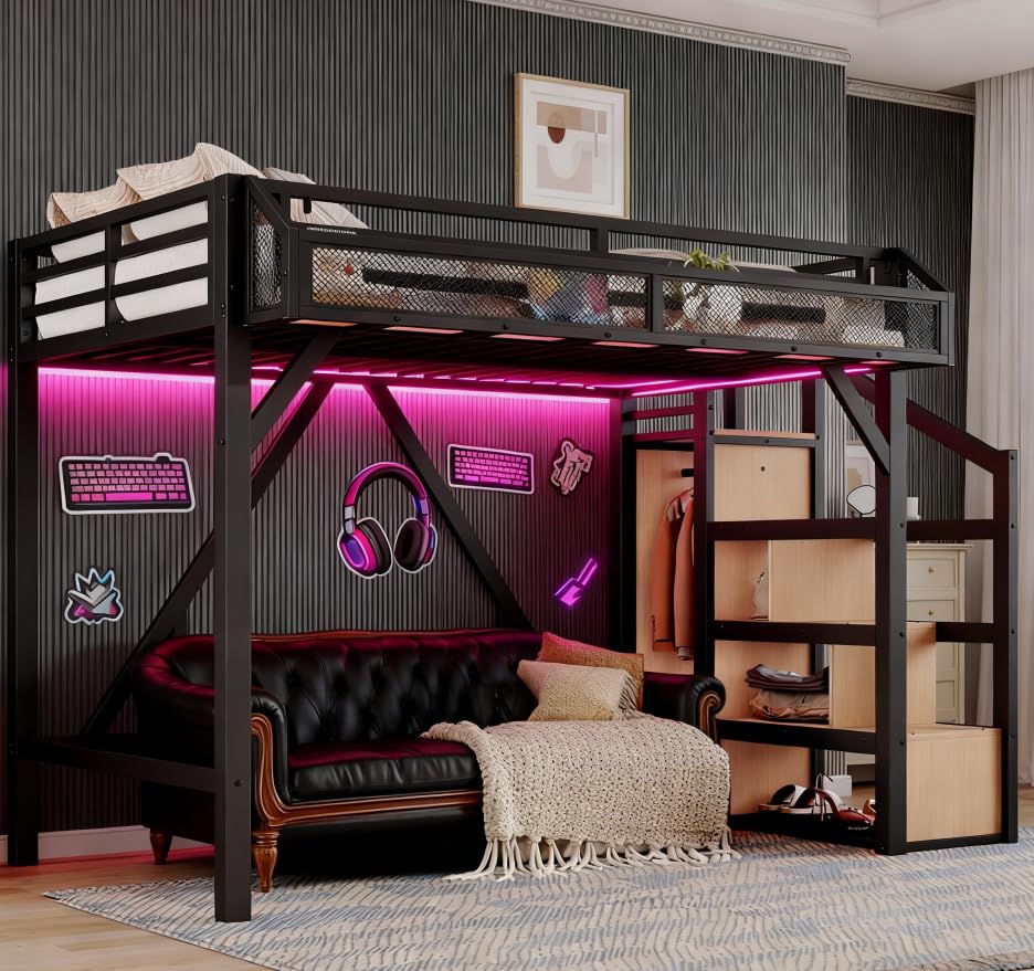Image of Bellemave Twin XL loft Bed with Storage Stairs, Wardrobe, Shelves, Metal Twin XL Size Loft Bed Frame for Adults, Kids, Teens, Black with Natural Wood