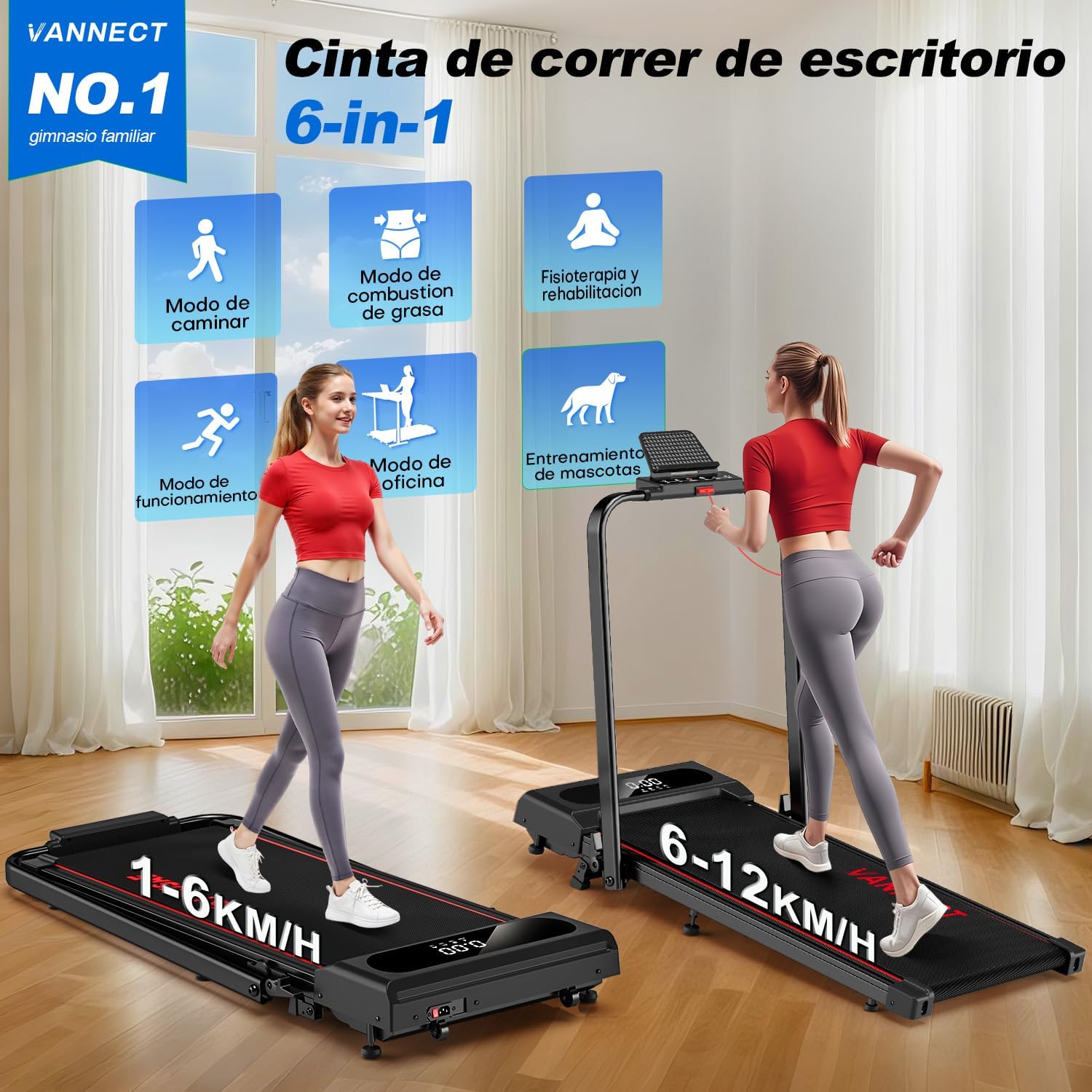 Vannect 6-in-1 Foldable Treadmill showcasing its 6-in-1 functionality, including walking, fat burning, physiotherapy, office mode, and pet training.