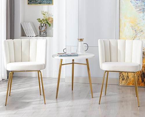 Miniatura 6 de Juego de 2 sillas de comedor de terciopelo tapizadas con patas de metal dorado crema de mediados de siglo, modernas sillas decorativas para sala de