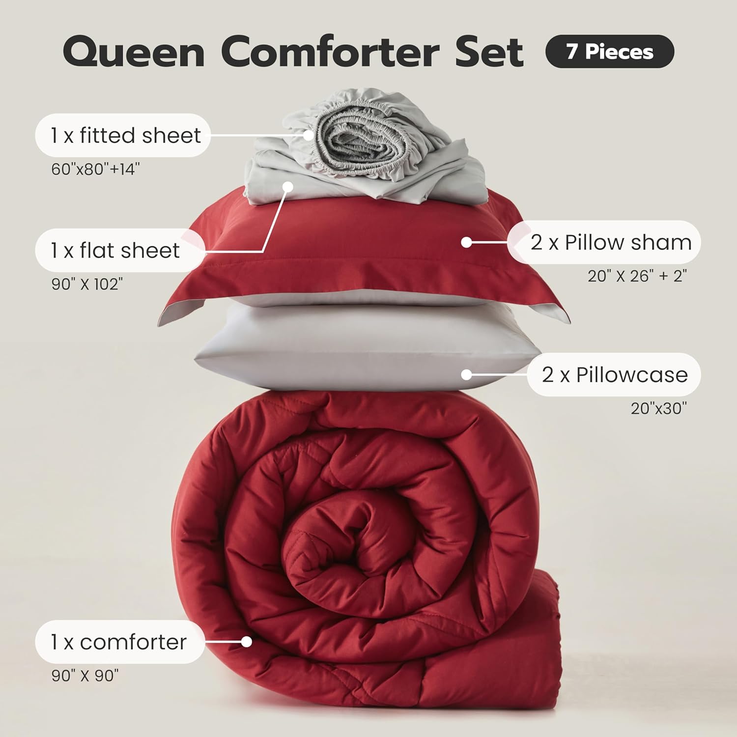 Joiedomi Queen Comforter Set with Sheets Red, 7 Pieces Queen Bed Set with 1 Down Alternative Comforter, 1 Flat Sheet, 1 Fitted Sheet, 2 Pillowcases and 2 Pillow Shams, Bed in a Bag for All Seasons - Image 8