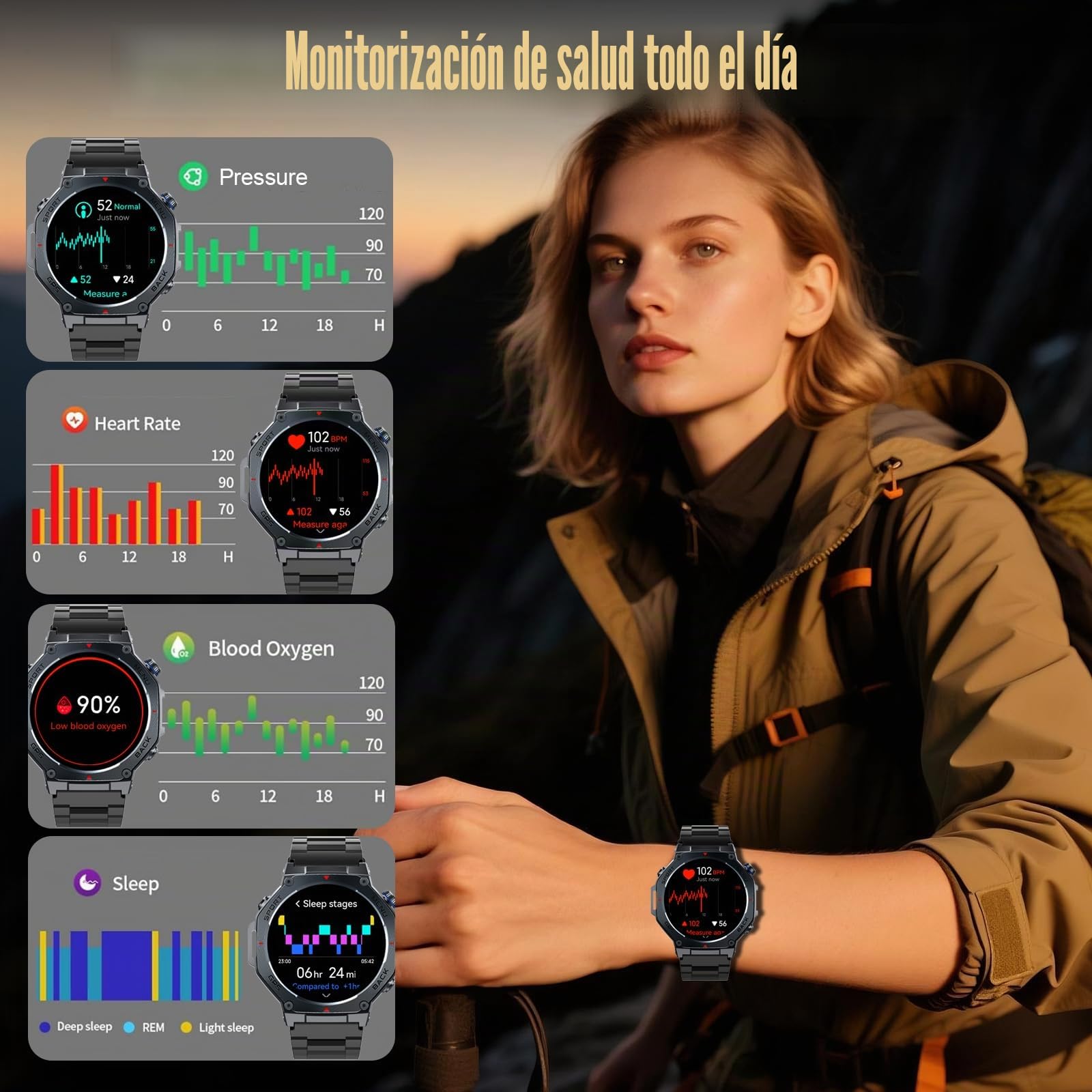 Reloj Inteligente Hombre con GPS, 1.43" AMOLED Militar Smartwatch con Llamadas Bluetooth/Podómetro/Monitoreo de Sueño/Pulsómetro/SpO2, 5ATM smart watch 160+ Deportes Pulsera Actividad para Android iOS