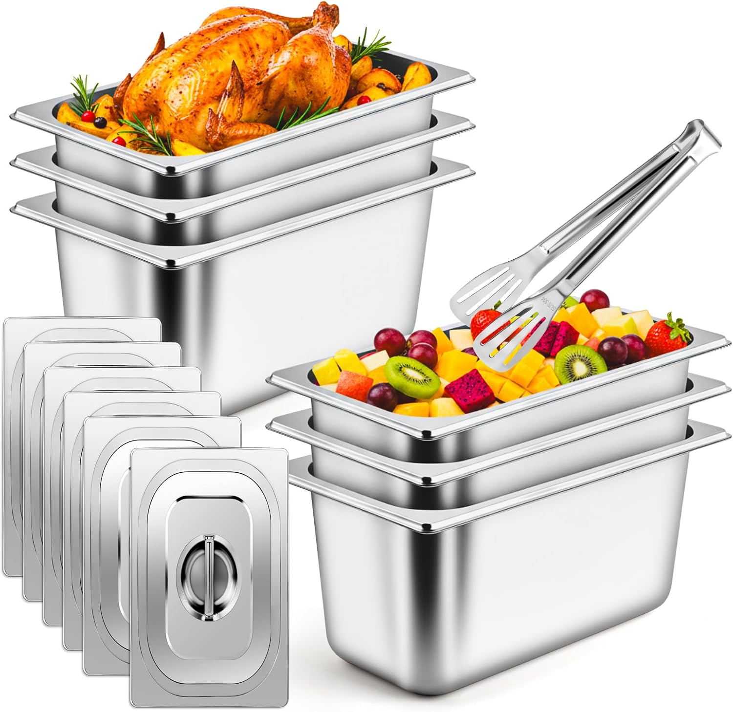 APREUTY 6 Packs Hotel Pans with Lids, 1/3 Size 6 Inch Deep Stainless Steel Steam Table Pan with Lid, Anti-Jam Metal Food Storage Containers with 1 Clip for Home, Party, Hotel, Buffet