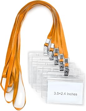 50 Pack Clear Plastic Horizontal Name Tag Badge Holder and 50 Pack Orange Lanyard Waterproof Name Tag Holder with Lanyard for Adults Kids Office School