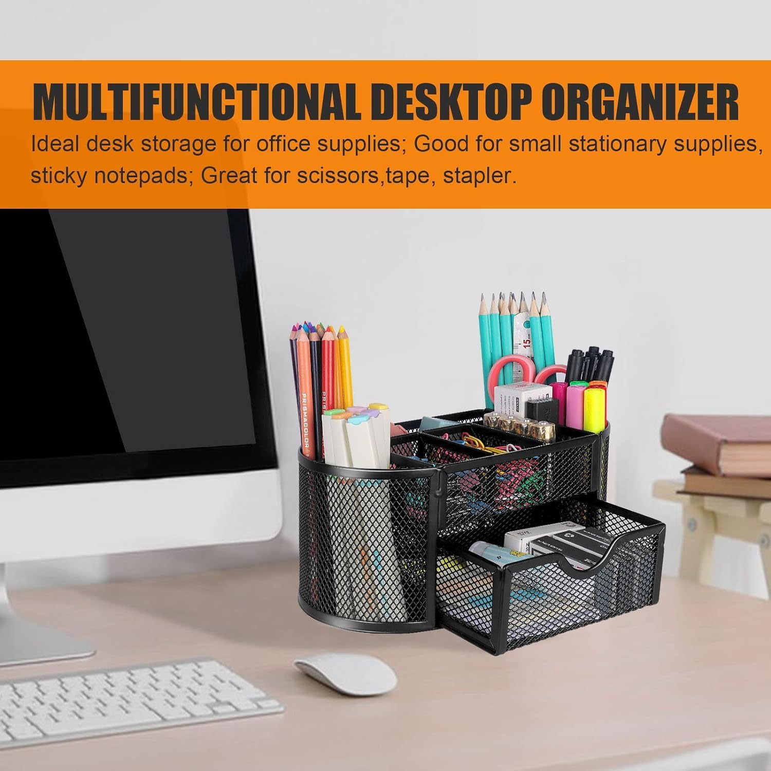 YAJNAS Bileder - Organizador de artículos de papelería de metal para oficina y hogar, soporte para lápices, organizador de escritorio o estudio, maquillaje, control remoto, cocina (9 compartimentos)