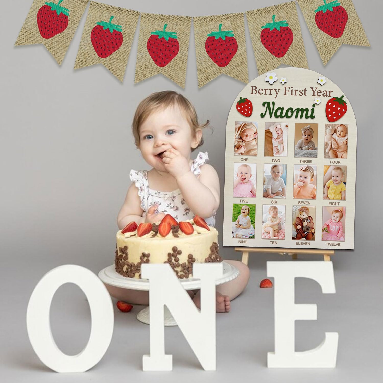 R HORSE Strawberry 1st Birthday Photo Board - Pink 3D Wood Milestone Display For Baby's First Year, 15.4x10.2 Inches - View #7
