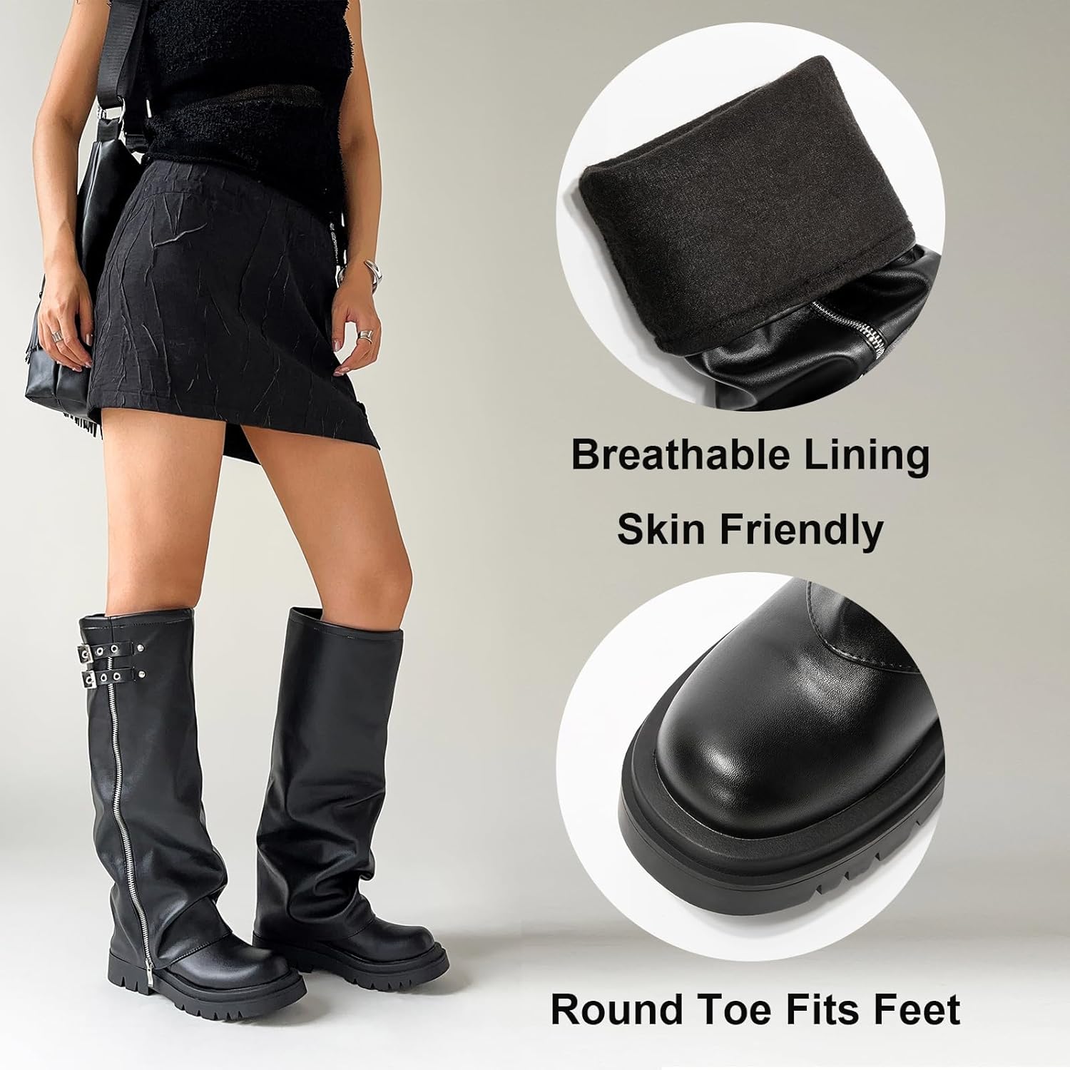 Women's Fold Over Knee High Boots Round Toe Comfortable Flat Platform Chunky Heel Shoes Slip-on Combat Moto Biker Riding Boots Long Boot - Image 4