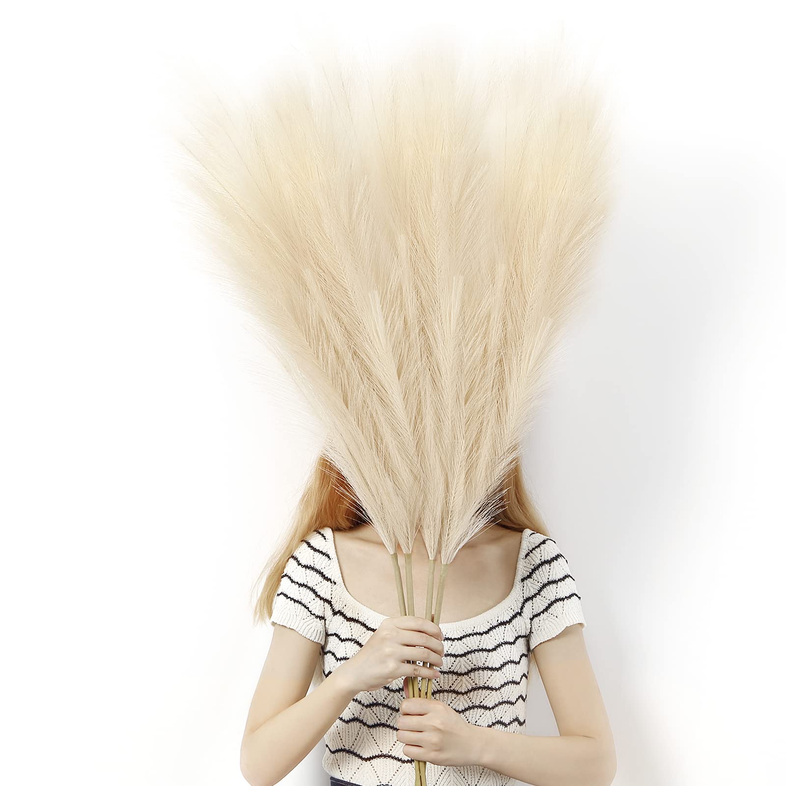 LinTimes 4 PCs Large Artificial Pampas Grass, 45 Inch Beige Fake Pampas Grass Soft Fluffy Dried Flowers Decor for Tall Floor Vases Decoration Rustic Wedding Arrangement Boho Home Decor