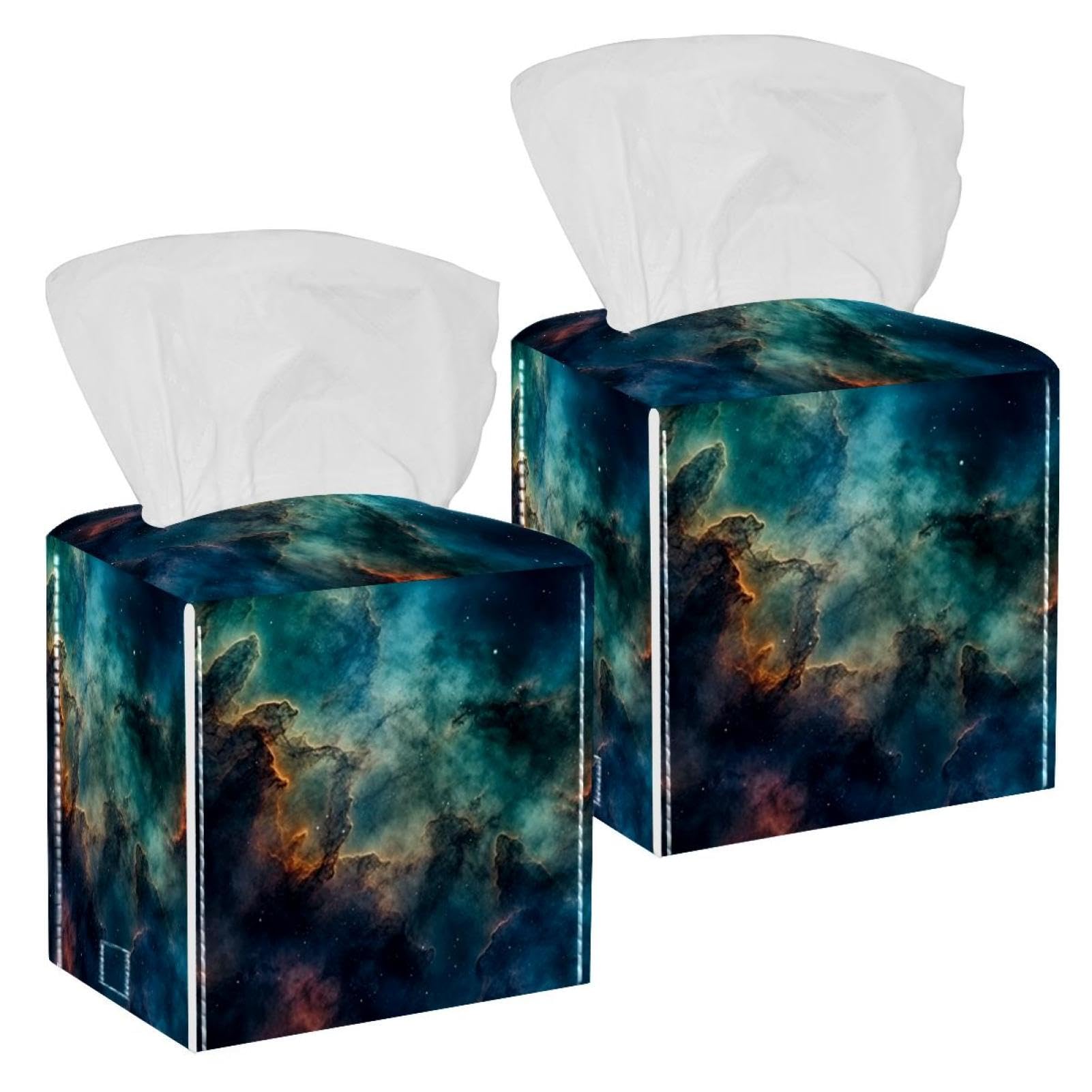 Stars Nebula Tissue Box Cover, 2 Pack PU Leather Square Facial Tissue Dispenser Box holder for Home Office Car