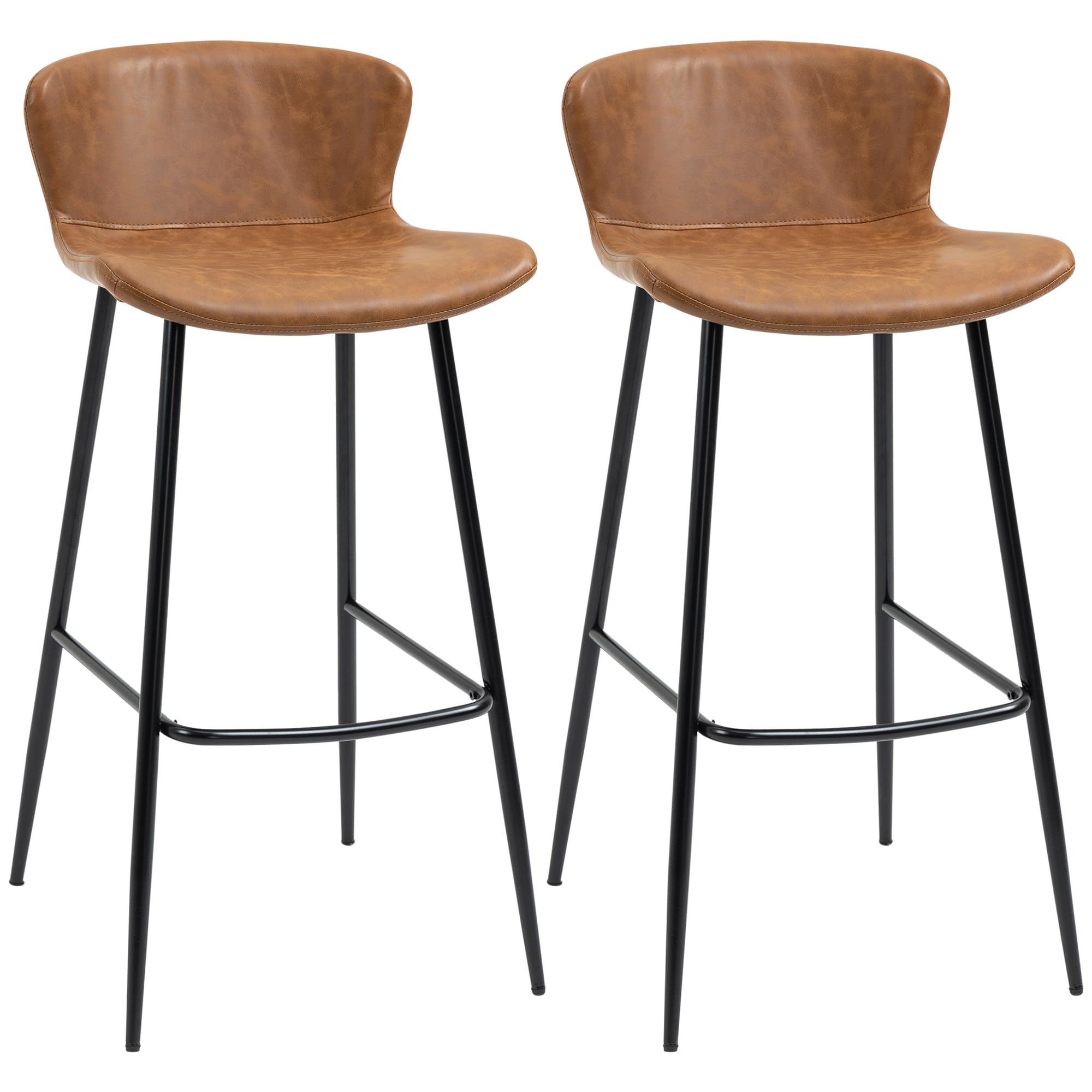 Rackhams Brown Bar Stools Set Of 2, Pu Leather Upholstered Bar Chairs, Breakfast Kitchen Counter Chairs With Backs, Steel Legs And Footrests For Dining Room,