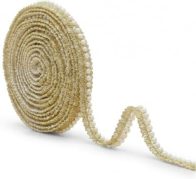 5 Yards Gold Lace Trim with Pearls Golden Beaded Embroidery Ribbon for Sewing and Fabric Decoration Dress Garment Accessories Craft Ribbon for Bags Clothing and DIY Projects