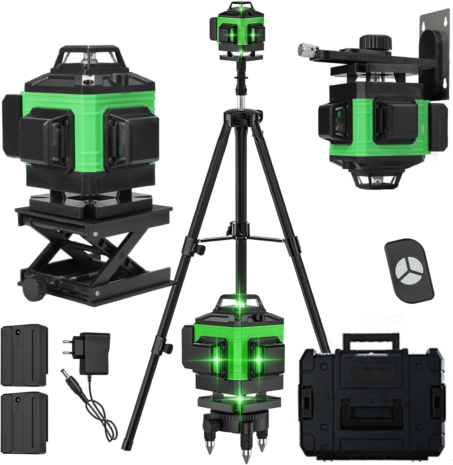 4 x 360° Laser Level, 4D 16Line Green Lazer Level, Self-Leveling 360 Lasers Levels, Horizontal & Vertical Laser, Remote Control, Rechargeable Battery 2 * 2600 MAh (with Tripod and case)