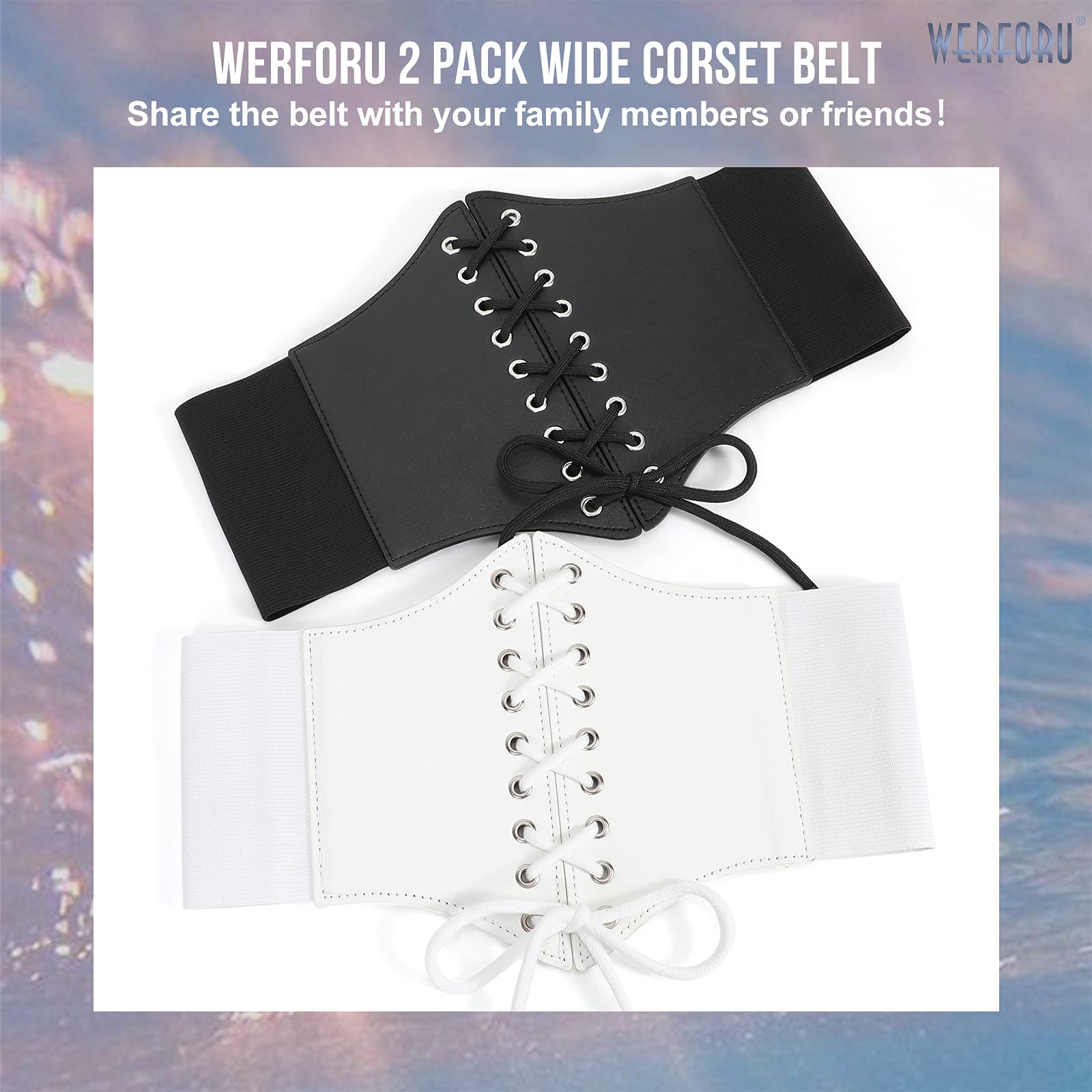 WERFORU 2 Pack Women Elastic Corset Belts Retro Wide Stretchy Tied Waspie Waist Belt, Black+white, Fits waist size 48"-52" - Image 3