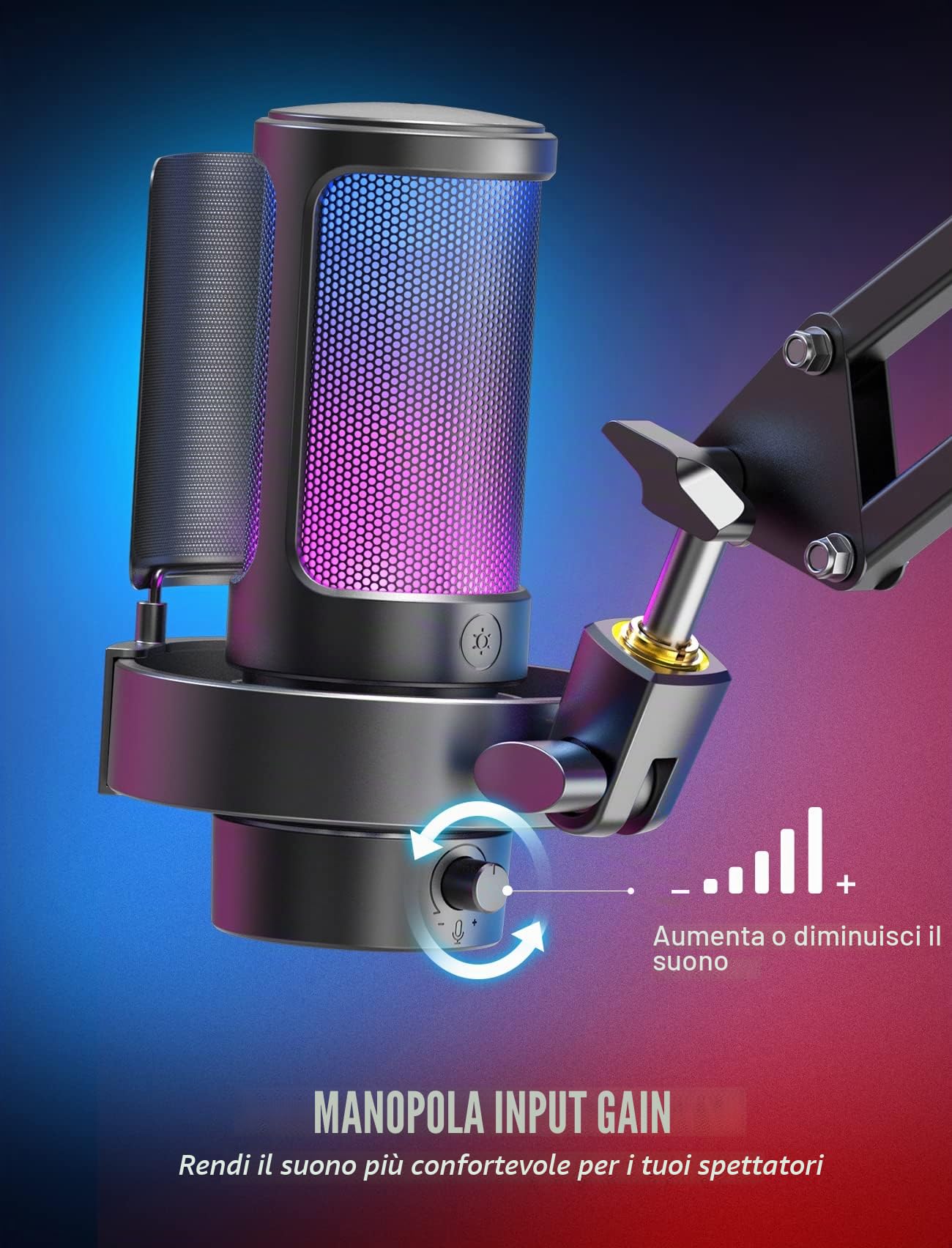 FIFINE USB Microfono per PC Gaming PS4 PS5, RGB Microfono a Condensatore per Streaming, Podcasts, con Controllo RGB, Tocco Muto, Jack per Cuffie e Filtro Anti-Pop