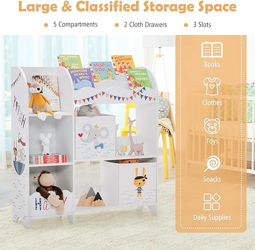 Miniatura 14 de Costzon Organizador de juguetes y libros para niños, armario de almacenamiento de madera con 5 estantes, 2 cajas y 3 ranuras, perfecto para sala de