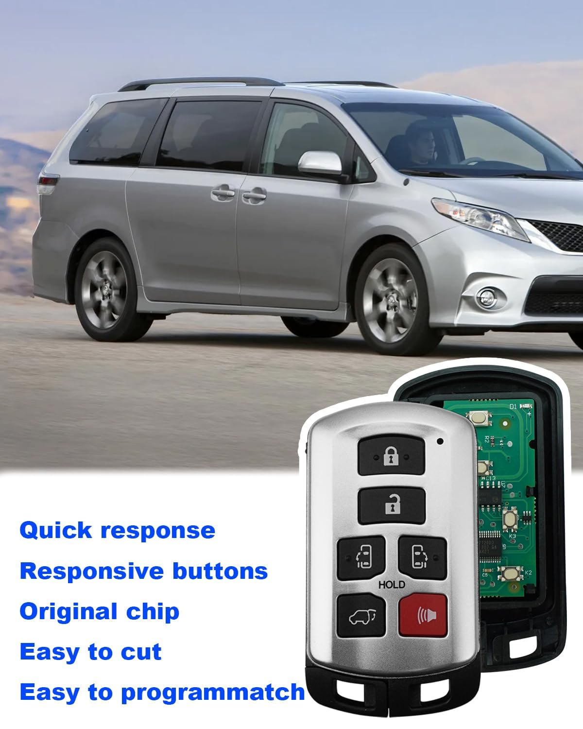 QAGGUM 6-Button Remote Key Fob For Toyota Sienna 2011-2020, Replace 89904-08010 - View #6