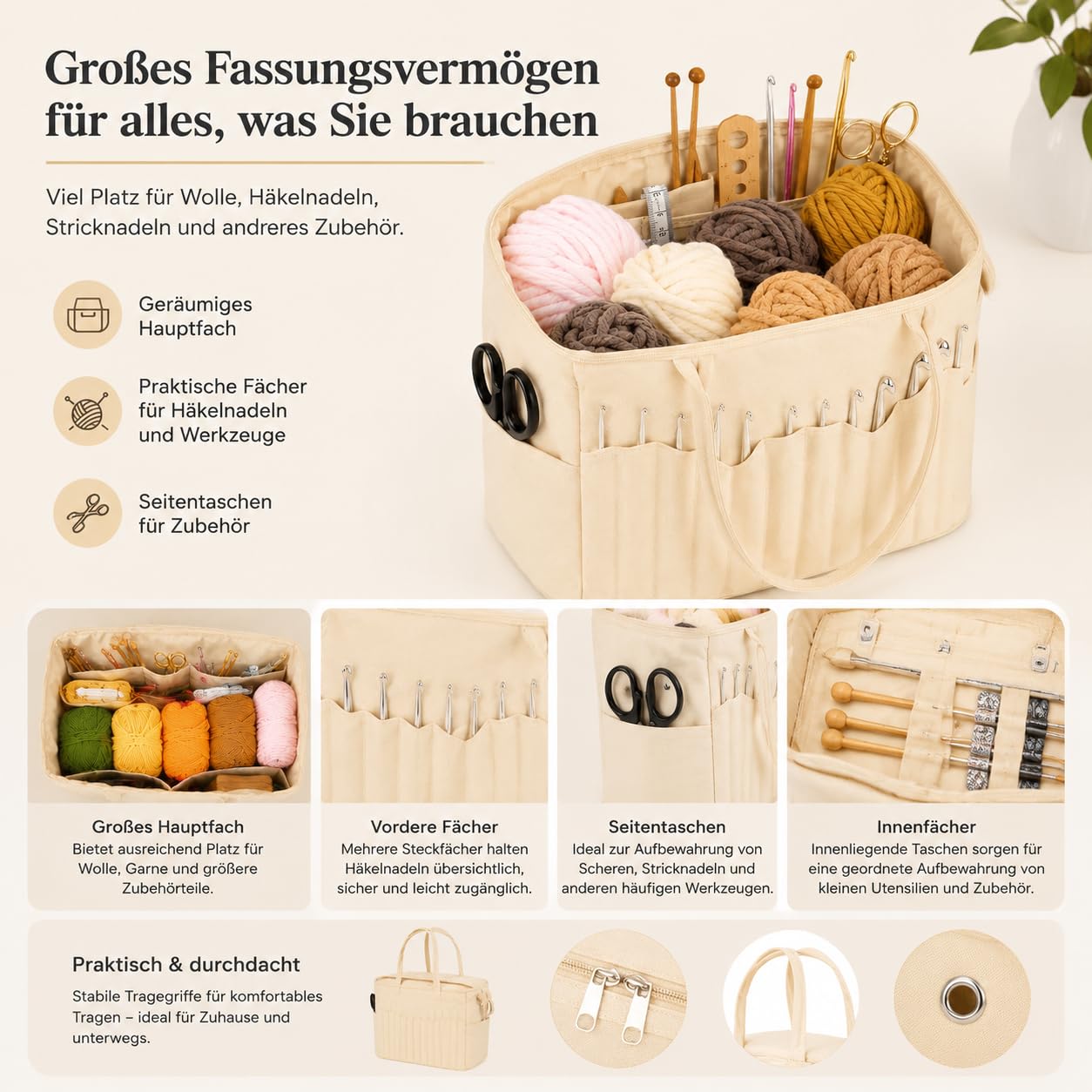 Stricktasche für Garn und Häkeln, Handarbeits-Organizer mit Fächern，Militärgrün