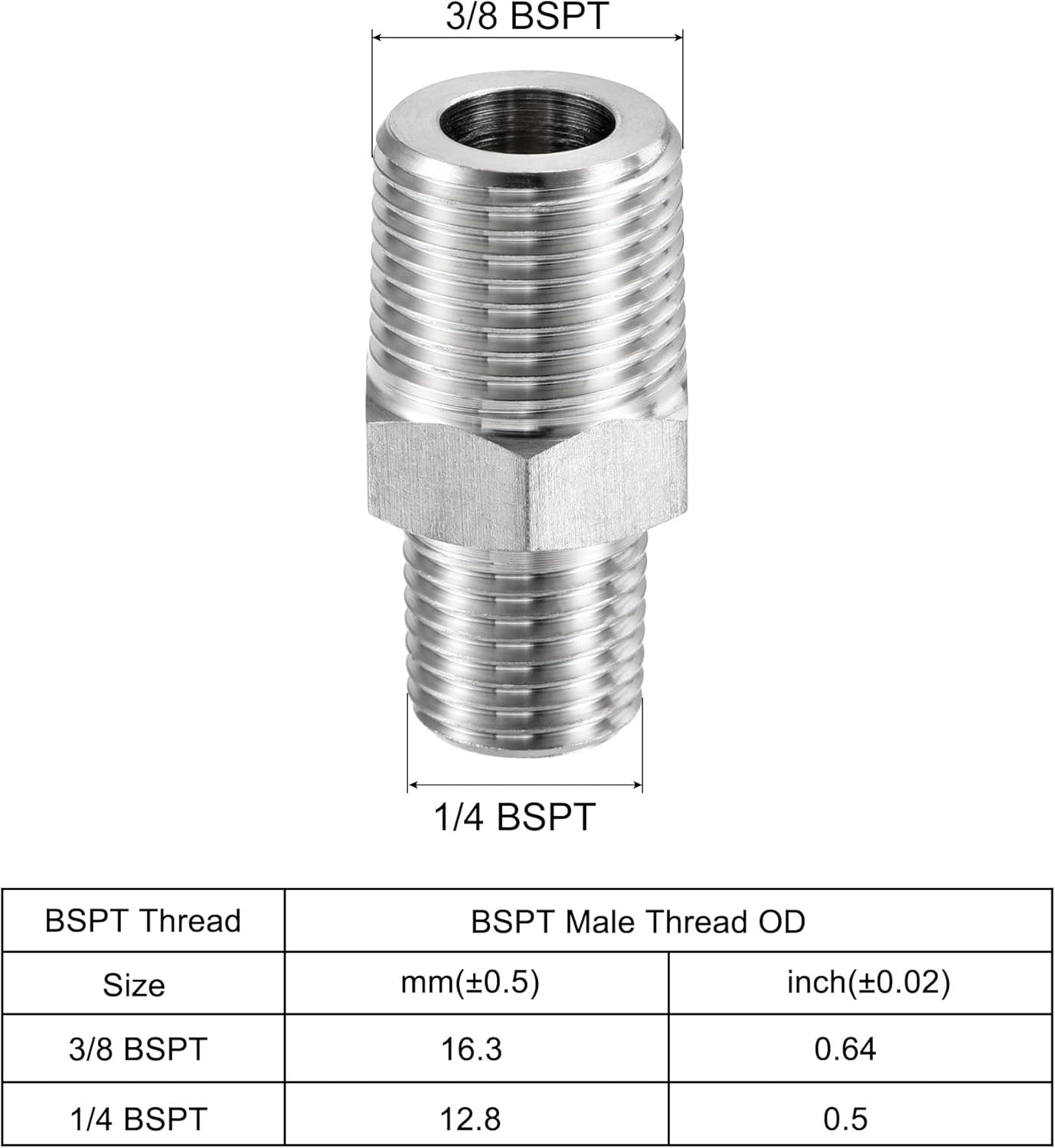 MECCANIXITY 304 Stainless Steel Hex Reducer Pipe Fitting 3/8 x 1/4 BSPT Male Thread Connector Adapter Pack of 3