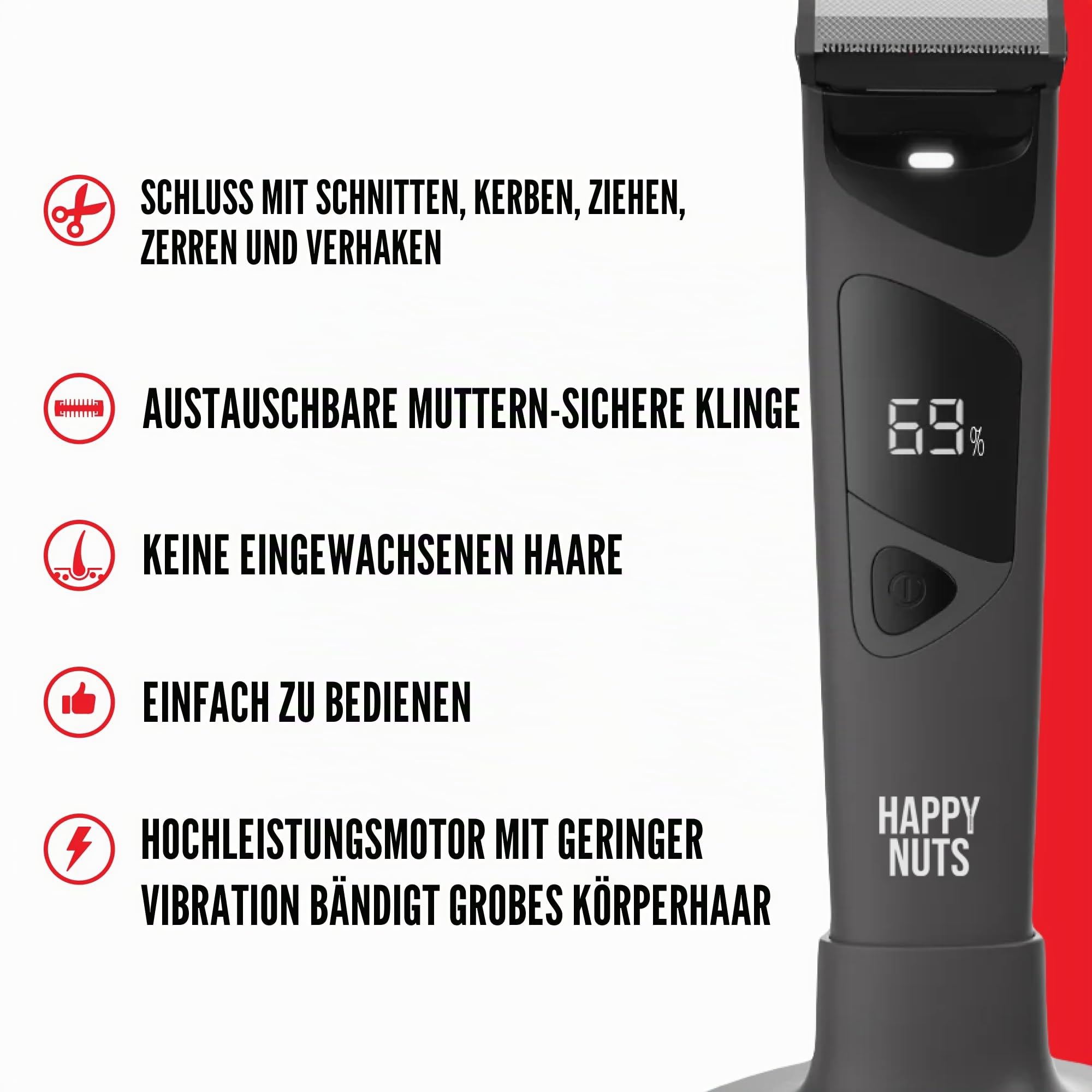 HAPPY NUTS The Ballber PRO Elektrischer Körperhaarschneider für Männer – Herren-Körperpflegeset für Privatpersonen – IPX7 wasserdichter Rasierer für schwer erreichbare Stellen (Ballber Pro)