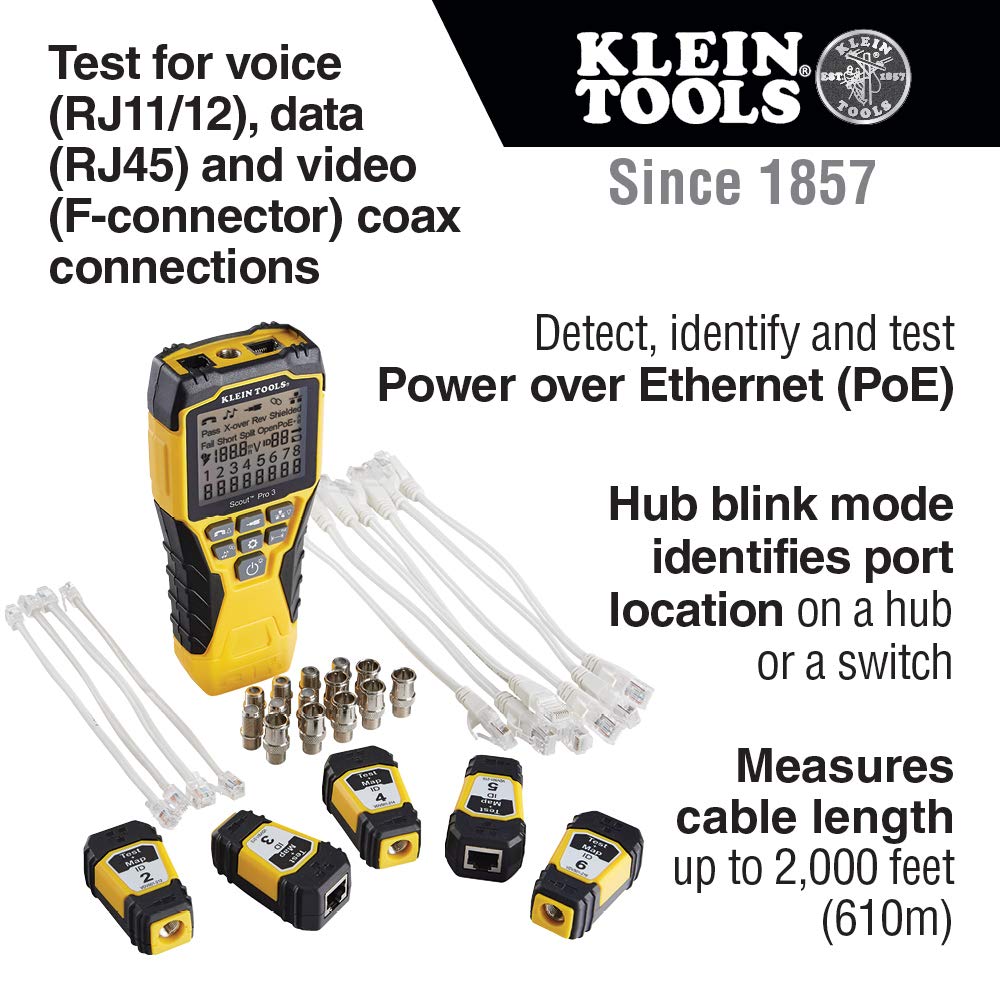 Klein Tools VDV501-853 Scout Pro 3 Cable Tester Kit | LAN Ethernet Coax Tester RJ11 RJ12 RJ45 | PoE Detection Wiremap Length Measurement | Test + Map Remote Kit