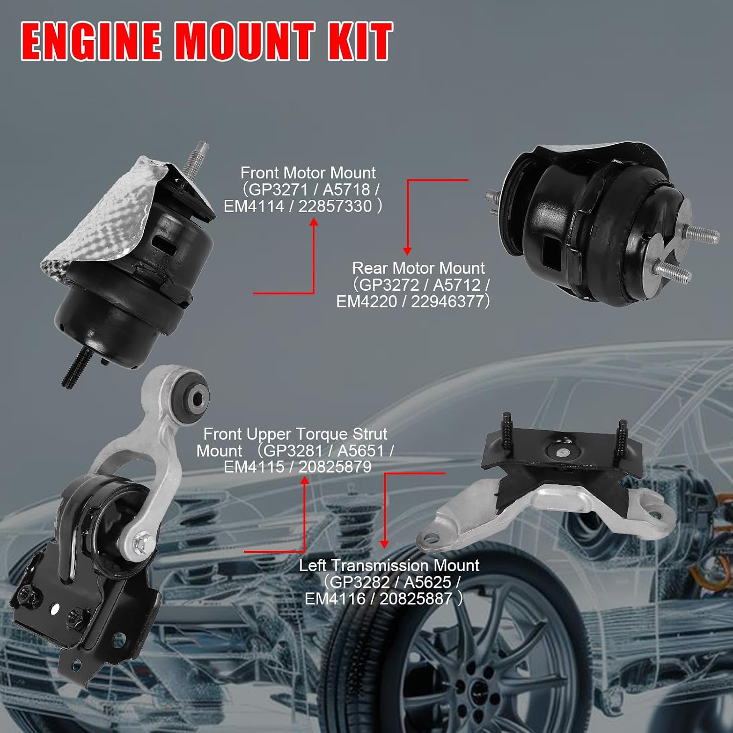 4Pcs Engine Motor Mount Compatible with Chevrolet Impala 3.6L Automatic Transmission 2012-2013，for Chevrolet Impala Limited V6 3.6L 2014-2016,Replace A5718, A5712, A5651, A5625