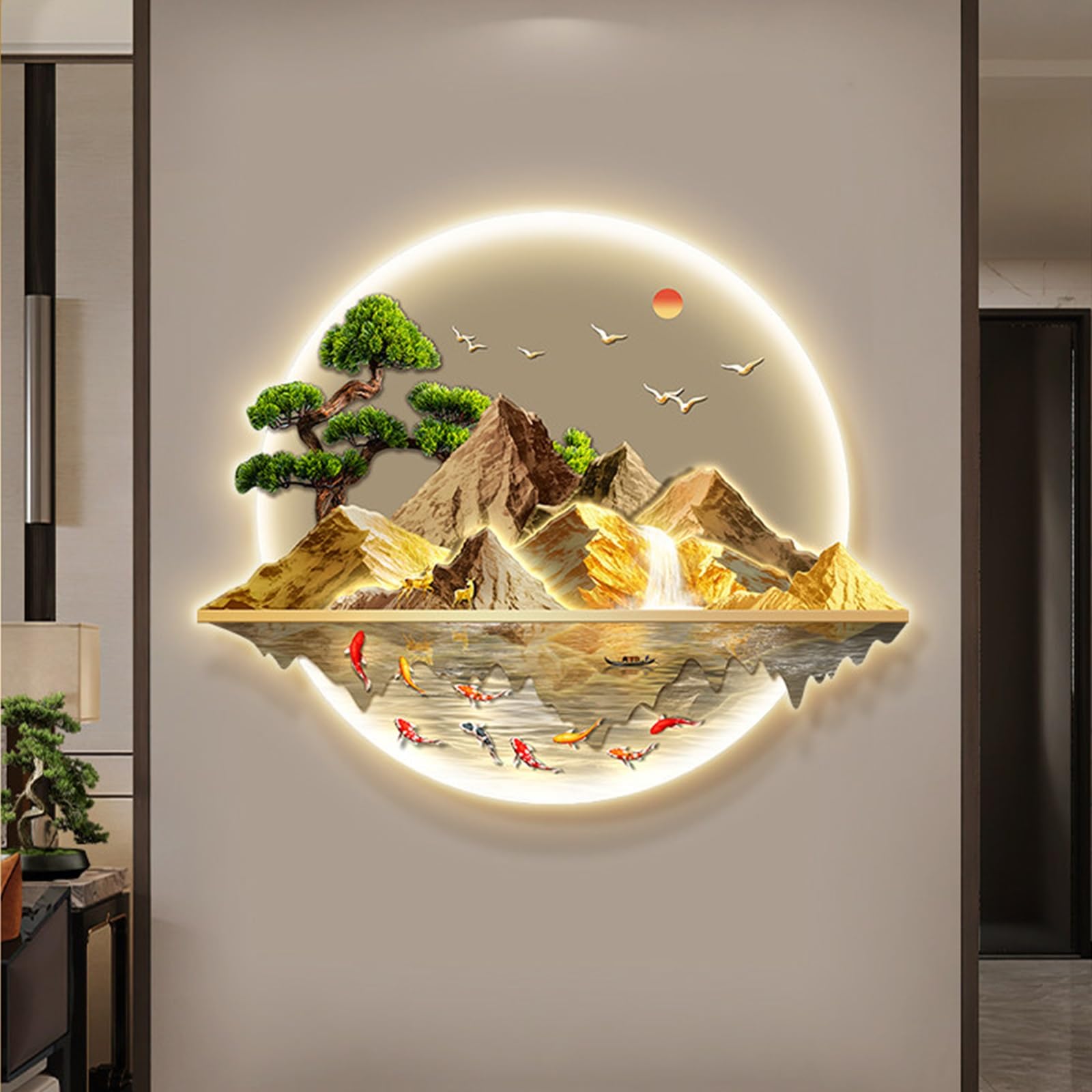 Décoration murale LED salon et sculpture 3D en porcelaine de cristal 90x75cm