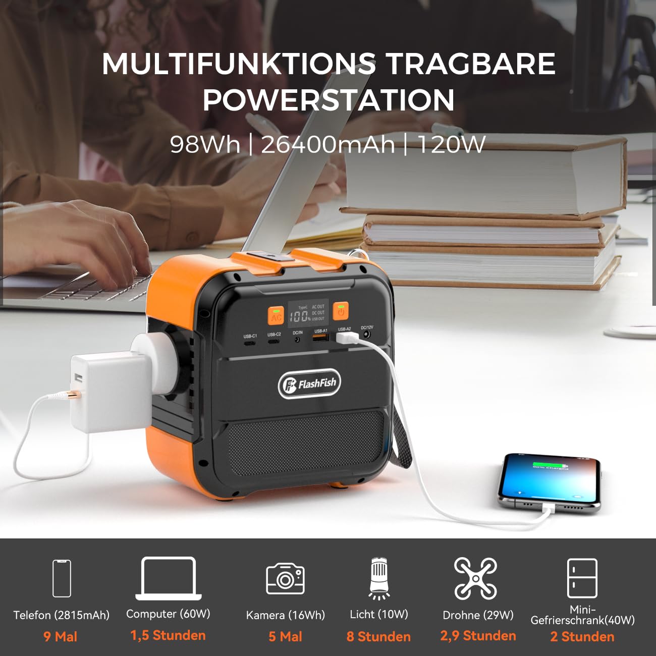 FlashFish Powerstation 98Wh 120W Solargenerator Akku mit 230V AC | Tragbare Solar generator mit Typ-C, USB, LED Licht – mobiler Stromgenerator für Camping, Reisen, Stromausfälle