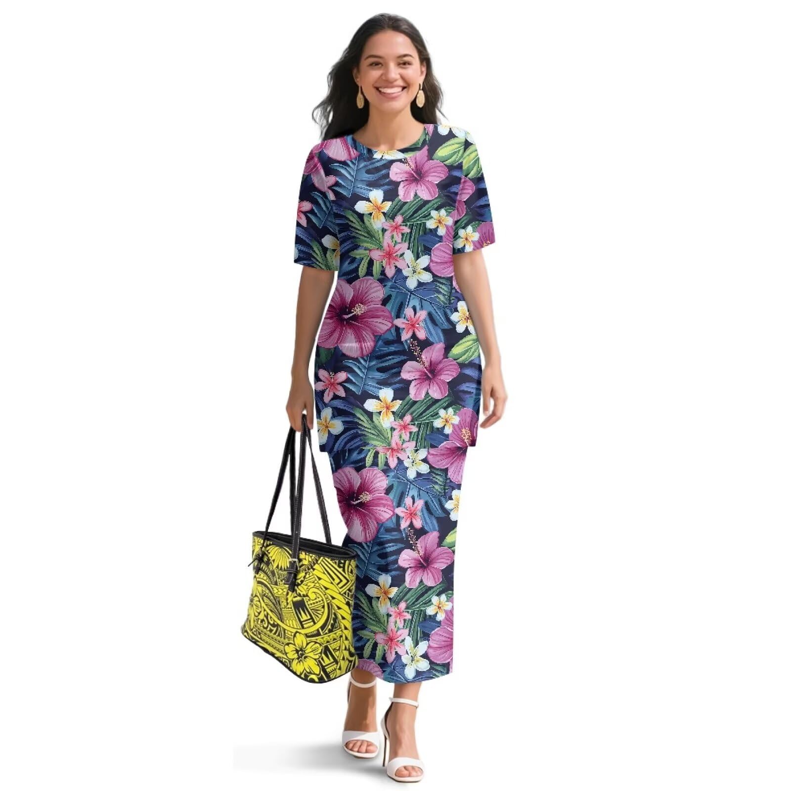 Polynesian Puletasi Samoa Dress for Women Summer 2 Piece Plus Size Short Sleeve High Waist Long Maxi Skirts
