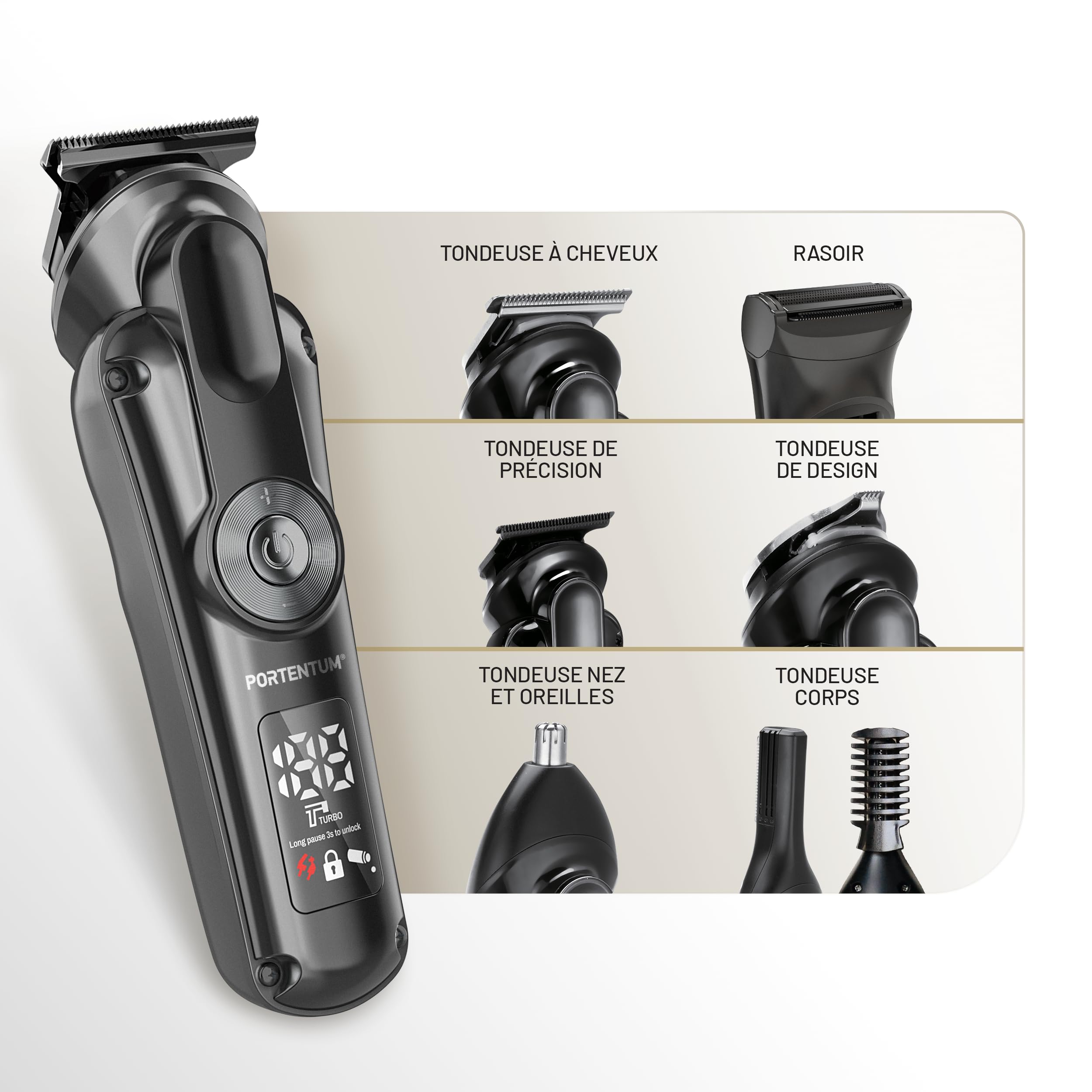 PORTENTUM Tondeuse barbe homme – Lot 21 pcs – LED – Rasoir Électrique Visage et Corps – Tondeuse Cheveux Polyvalente – 6 Têtes – 7 Sabots – USB-C – Autonomie 120 min – Support Organisateur Sans Fil