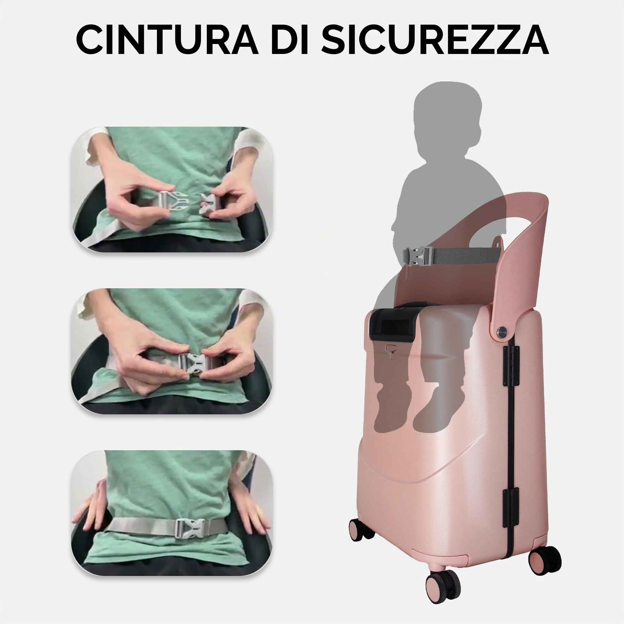 MiaMily Bagaglio a 4 ruote con sedile per bambini con cintura di sicurezza, tasca impermeabile, maniglia regolabile e corpo rigido con capacità di 43 litri