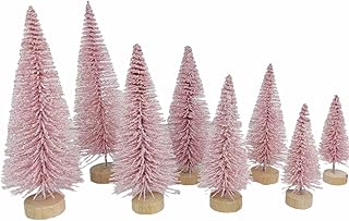 8 Pcs Artificial Mini Christmas Trees, Miniature Pine Trees Sisal Trees with Wood Base Tabletop Christmas Tree for Christmas Xmas Holiday New Year (Pink, 8 pcs)