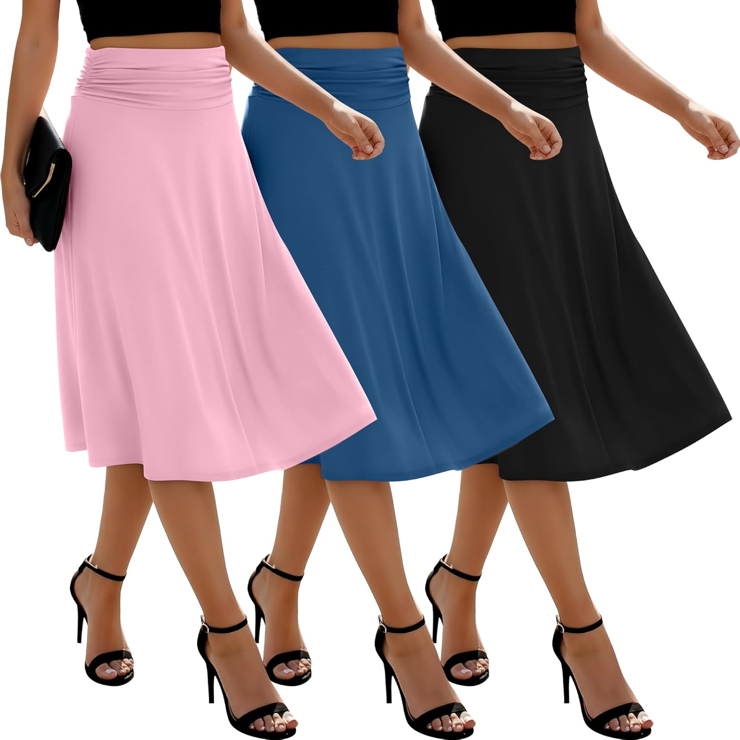3 Pack Womens Midi Skirts Flowy Lightweight Knee Length Casual Elastic Waist Modest Flared Skirts Trendy Summer