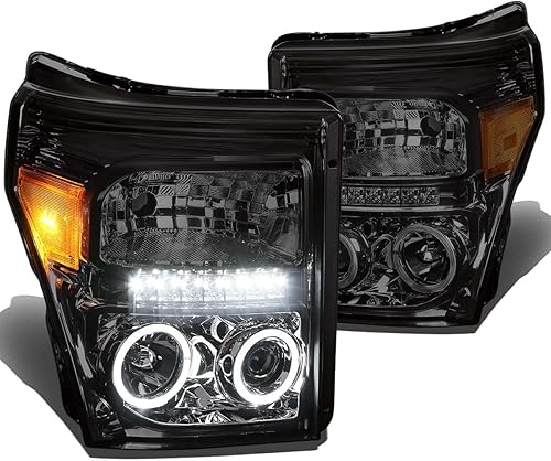 DNA Motoring HL-HPL-LED-FSU13-SM-AM Ahumado Dual LED Halo Anillos Proyector Faros de Reemplazo Para 11-16 F250 SD
