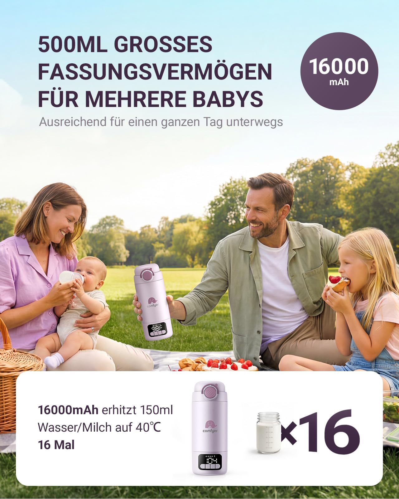 Comfyer BW02 Upgrade Tragbarer Flaschenwärmer unterwegs für Baby & Familie-Schnell Aufheizen mit 16000mAh Akku,Integrierter Sterilisator, Baby Milch-/Wasserwärmer für Unterwegs/Zuhause, 500ML