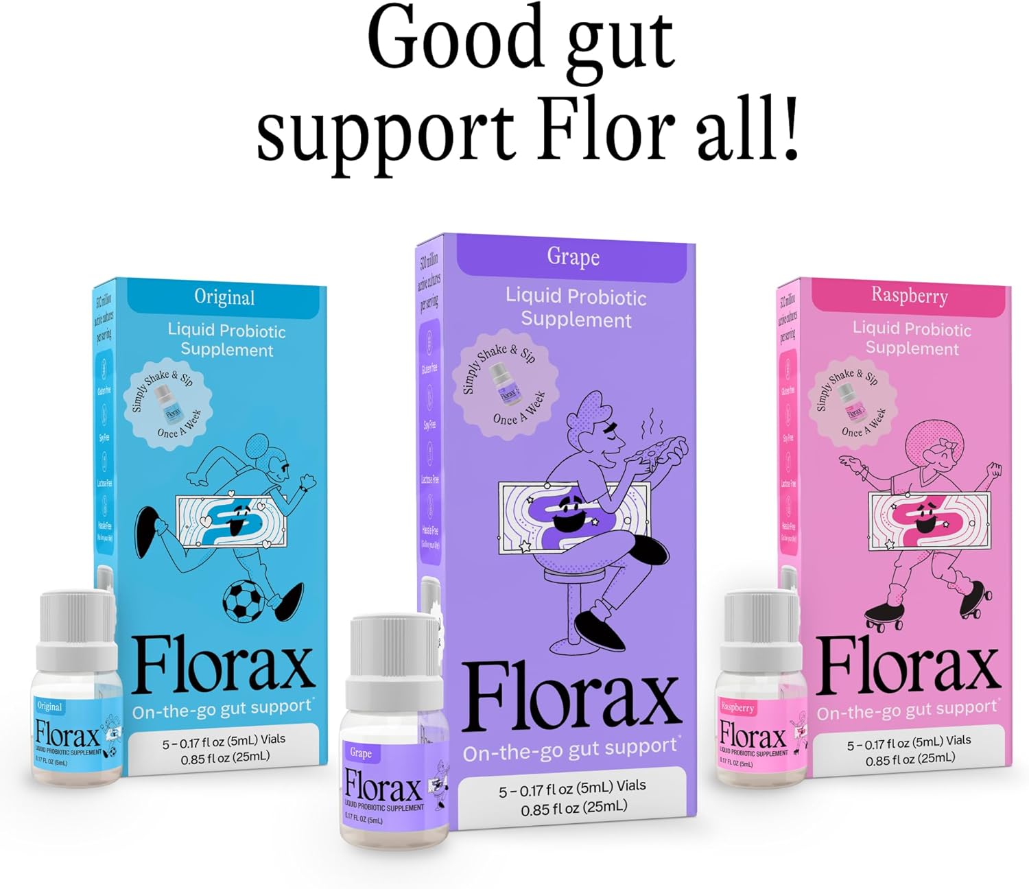 Florax - Liquid Probiotic - On-The-go Gut Support for Women, Men, and Children - Vegan, Gluten Free, Lactose Free, Soy Free and Preservative Free - Grape Flavor - 5 Vials