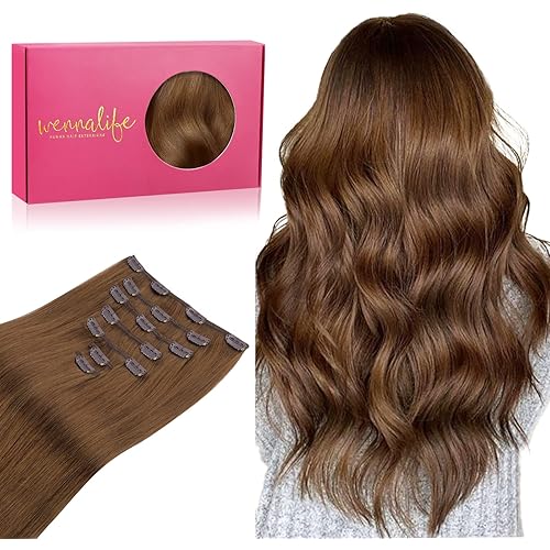 WENNALIFE Clip in Hair Extensions Real Human Hair, 16 Inch 120g 7pcs Human Hair Extensions Clip In Human Hair, Light Auburn Brown Hair Extensions Clip In Real Hair Coloured Remy Human Hair Extensions