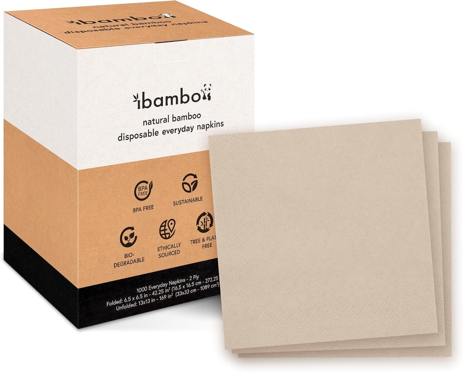 Everyday 100% Bamboo Compostable Napkins Disposable (1000-Pack) | Brown Disposable Napkins for Lunch, Dinner, Events & Entertaining | 2-Ply FSC Certified | Bamboo Paper Towels | 6.5 x 6.5 Inch