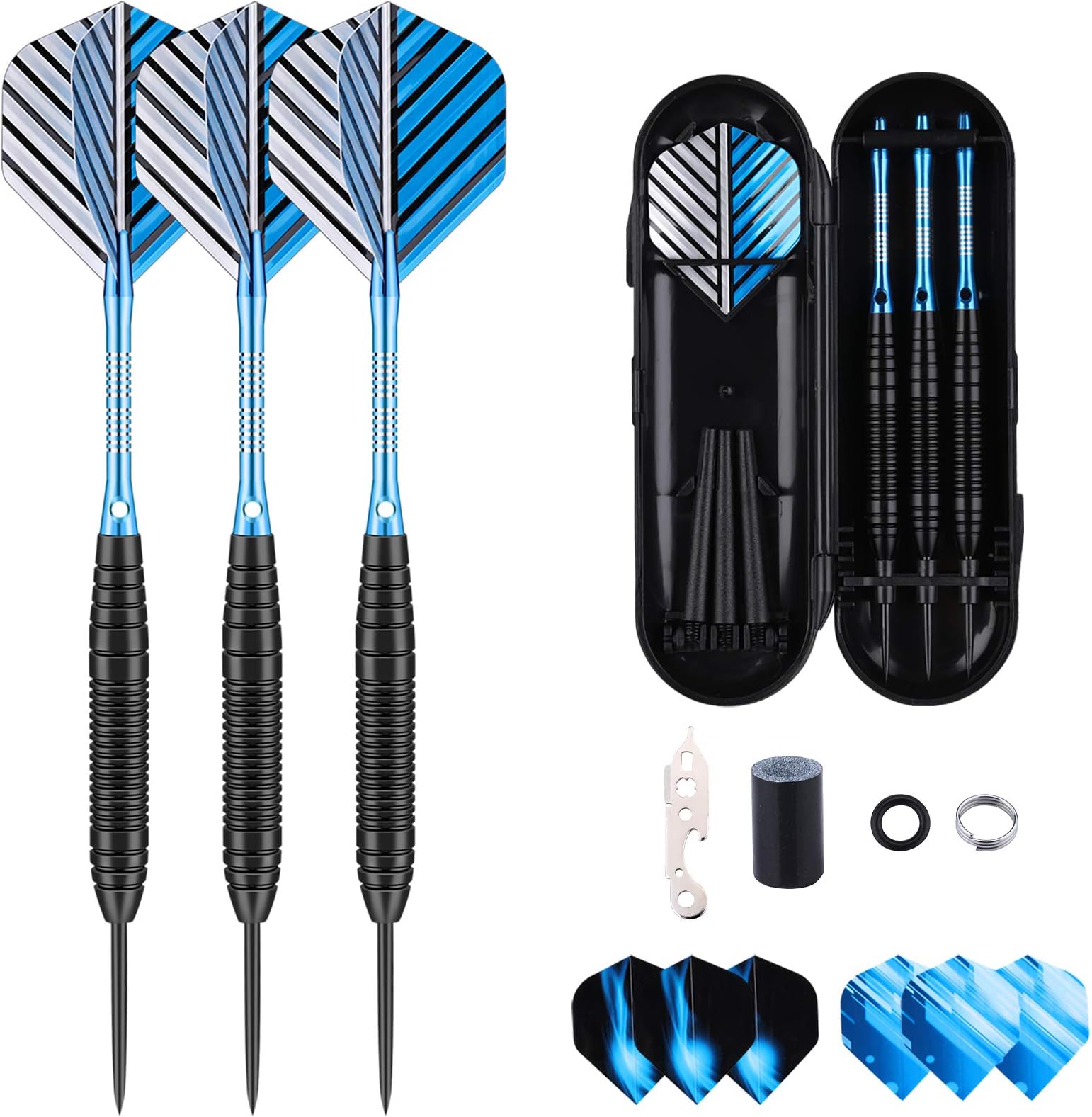 Professional Steel Tip Darts Set – 3 Pack (22g, 23g, 24g, 26g, 27g,) with Brass Barrels, Darts Stems, Flights, 50 Rubber O-Rings, 12 Spring Rings & Dart Sharpener for Dartboard