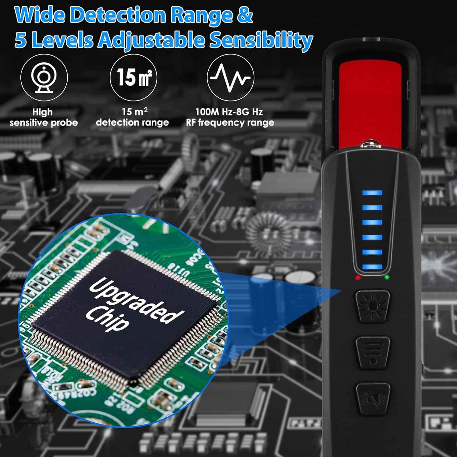 Intelligent Détecteur de Caméra Cachée et Micro Espion, Portable Traceur GPS Scanner 4 Modes Détecteur Anti Espionnage, Brouilleur Camera pour Hôtel Maison Heim Reisen (100MHz-8GHz)