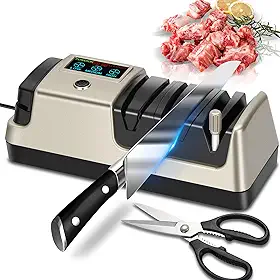Amolador De Facas Elétrico 5 Em 1 Com Tela Lcd, 3 Velocidades De Rotação Ajustáveis, Para Facas Retas, Serrilhadas, Cutelos De Carne, Facas De Cerâmica E Tesouras, Louro Claro