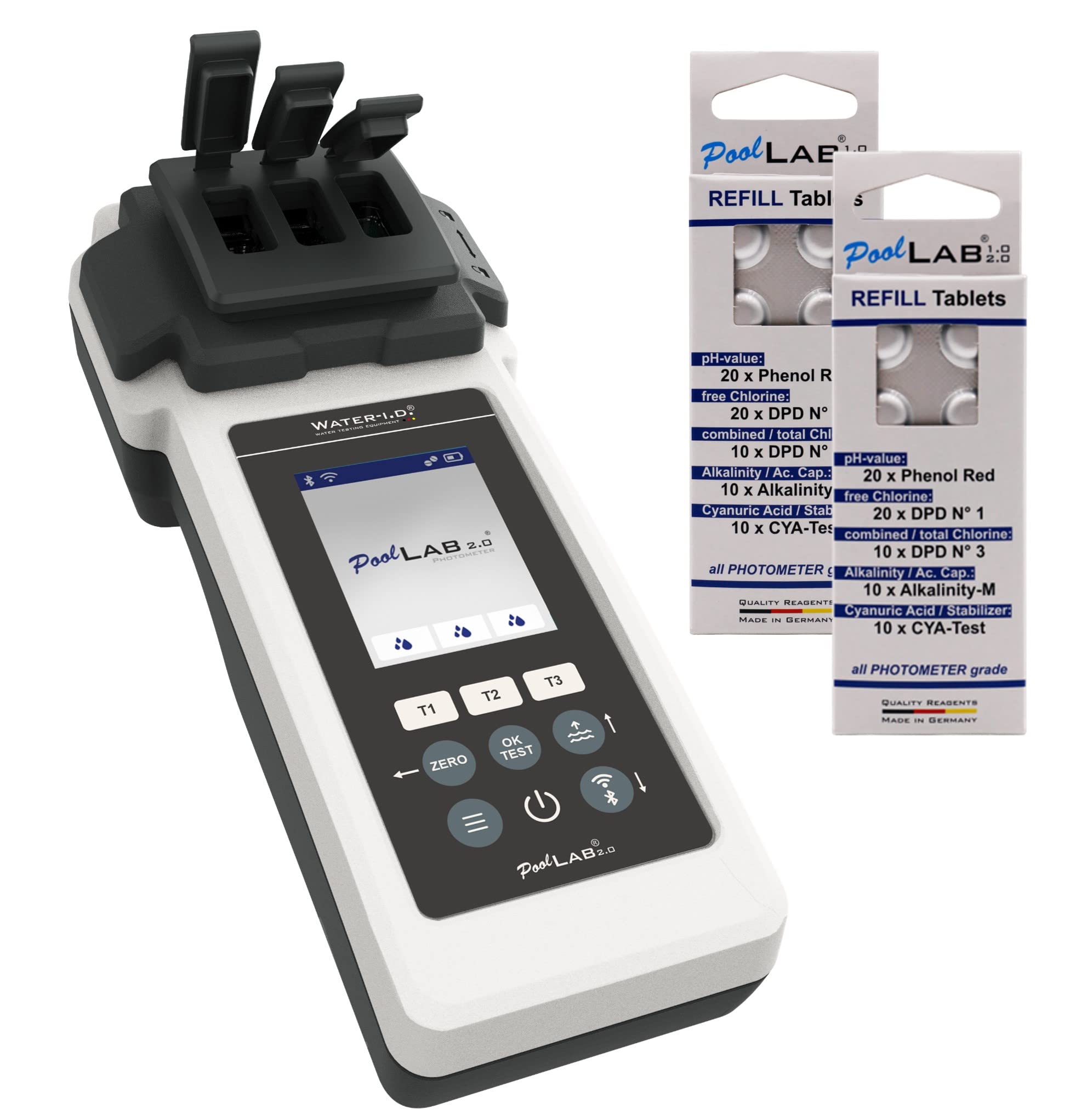 PoolLab 2.0 con 70 compresse di prova e "EXTRA Refill Pack" Special Edition per MediMuc – 24 parametri – App, software – misurazione fino a 3 parametri in un unico test
