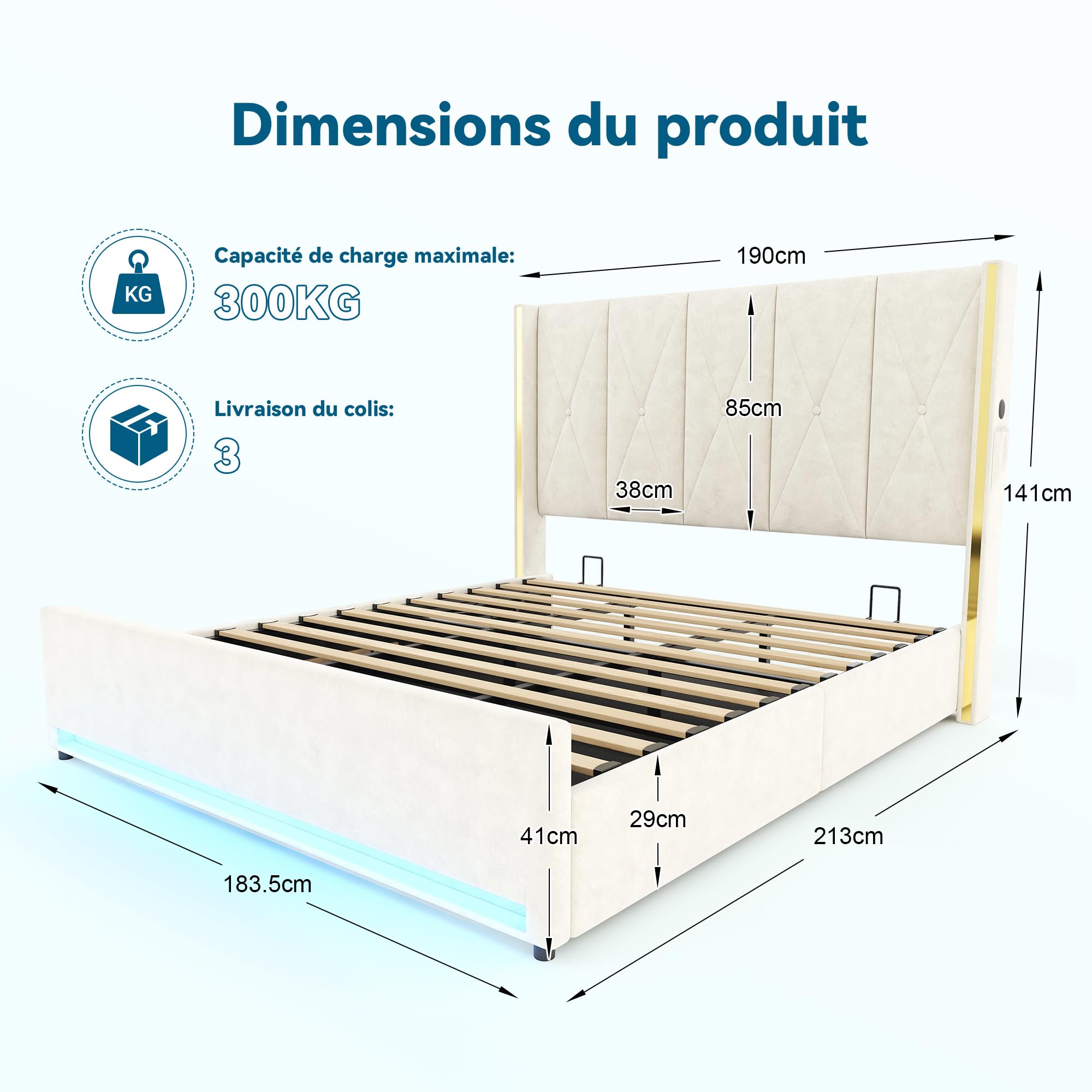 Zepneiy Lit 180x200 avec tête de lit Haute rembourrée et matelassée, Lit Double avec système hydraulique et Poches latérales, Ports USB et éclairage LED, Velours Beige(sans Matelas)